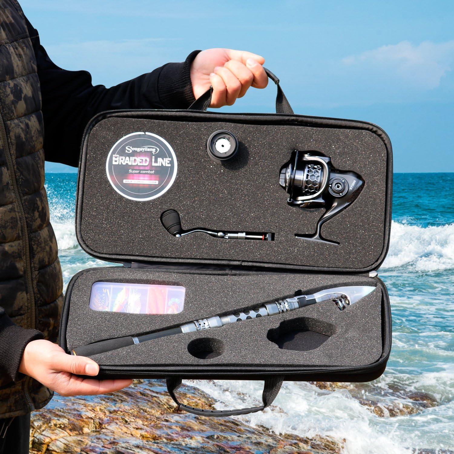 Sougayilang fishing rod reel combo with telescopic spinning reel and carrier bag, suitable for saltwater and freshwater fishing.