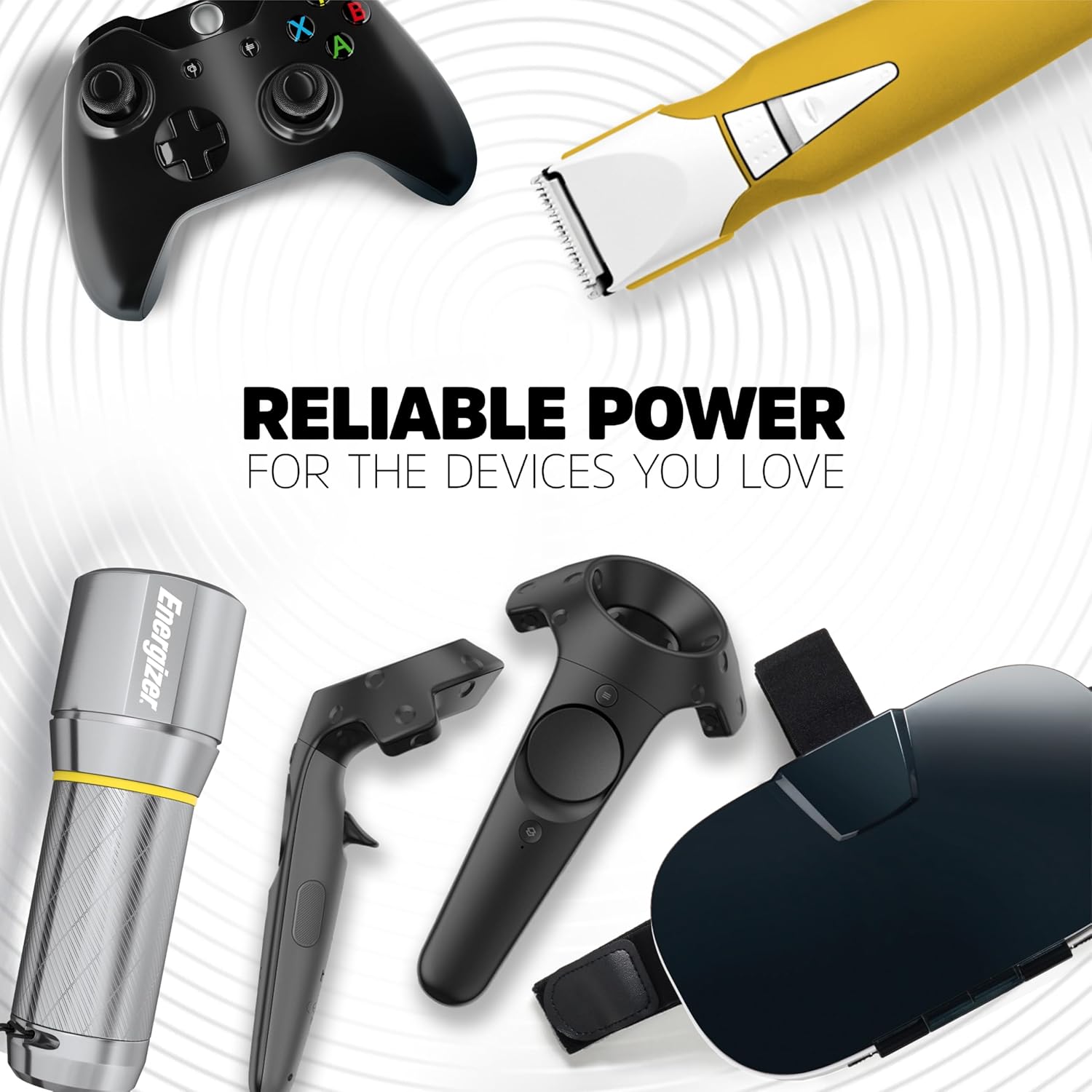 Collection of electronic devices with 'Reliable Power for the Devices You Love' text on a white background.
