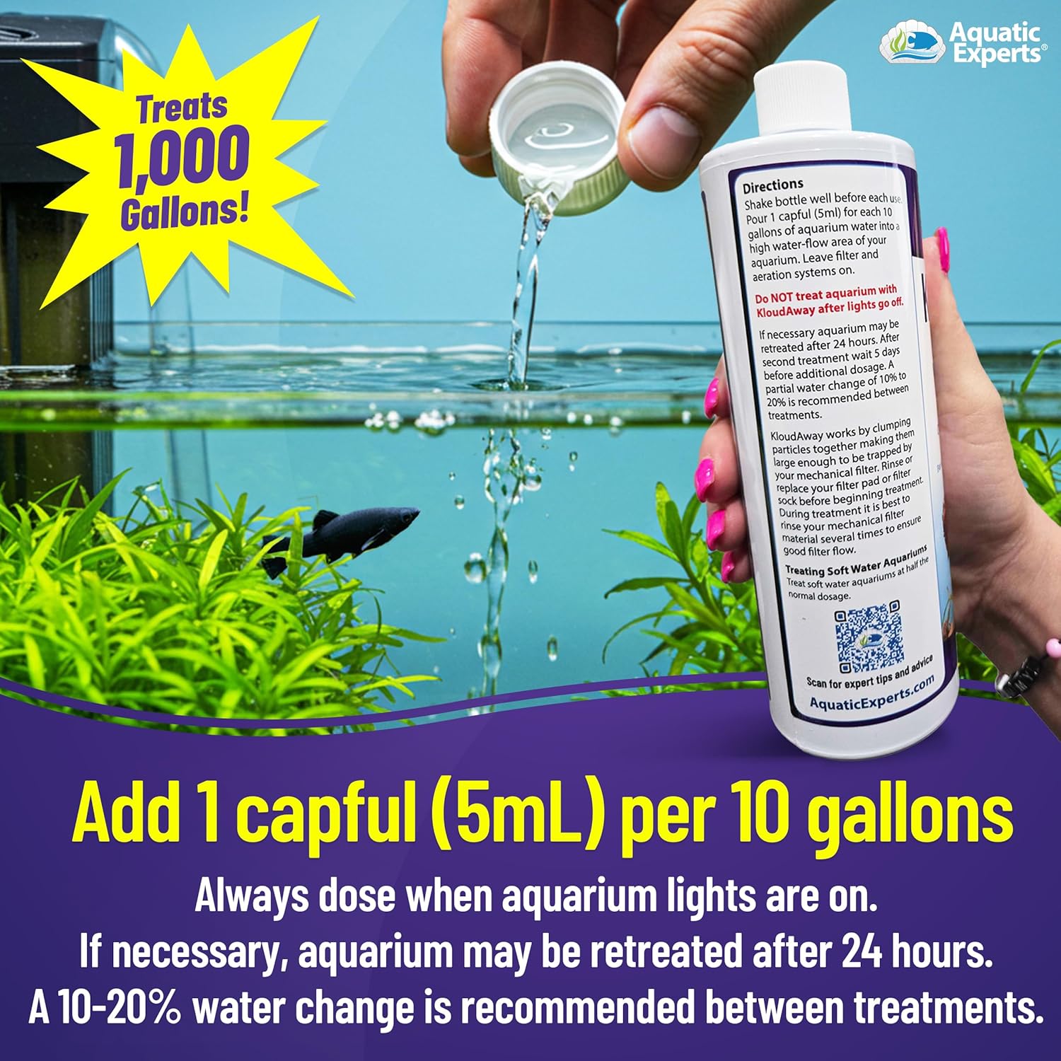 Aquatic Experts KloudAway freshwater aquarium water clarifier bottle, showing clear liquid for cloudiness treatment in fish tanks.