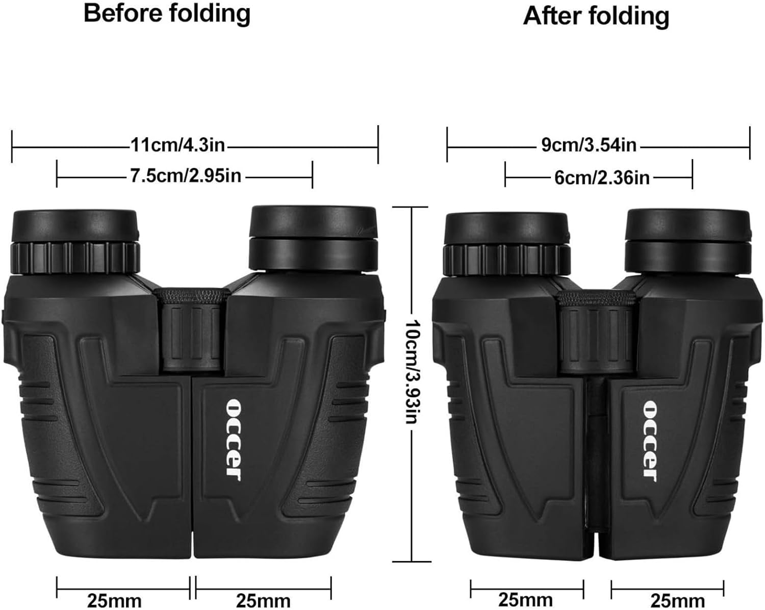 Occer 12x25 compact binoculars for adults and kids with large eyepiece, black and silver, showing the binoculars' detailed design