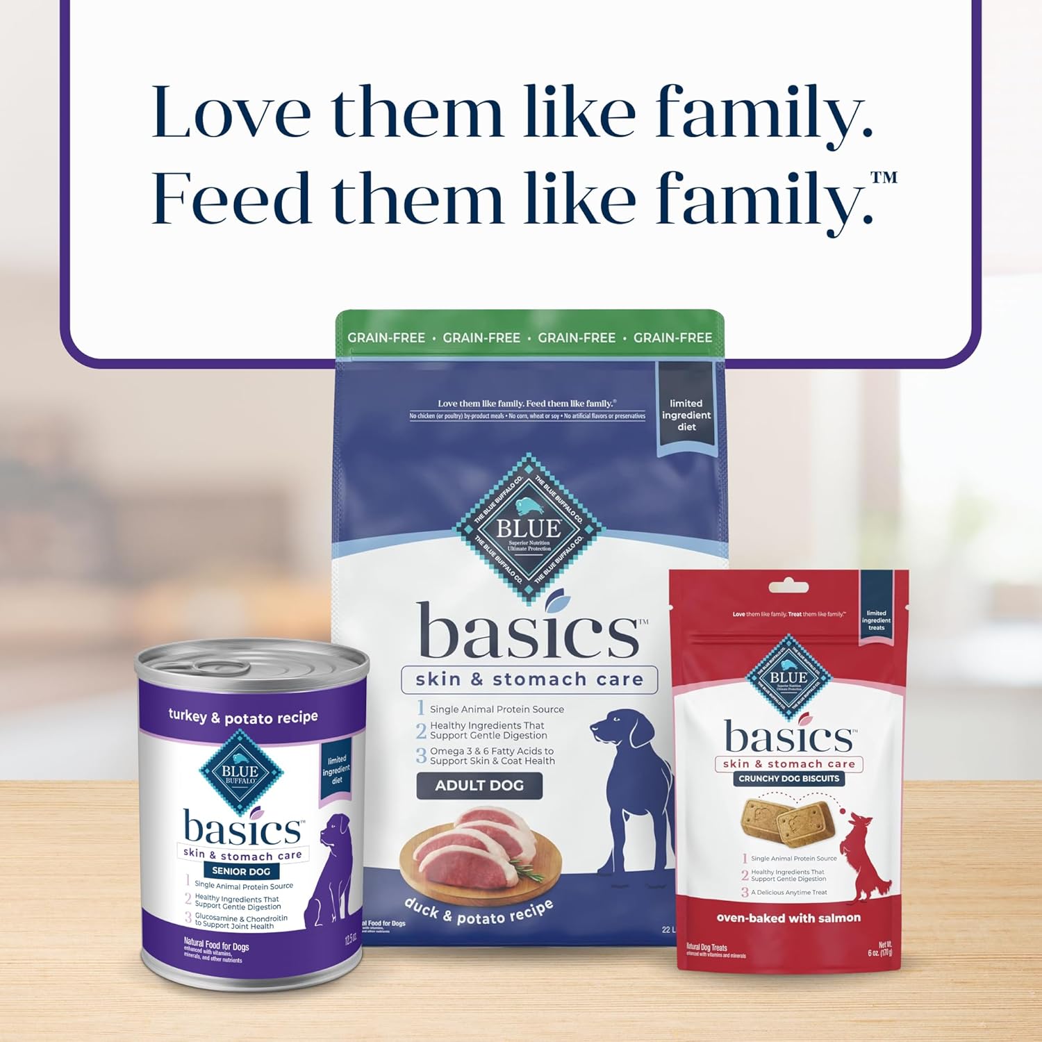 Blue Buffalo Basics grain-free senior wet dog food with skin and stomach care, featuring a can of Blue Buffalo dog food on a white background.