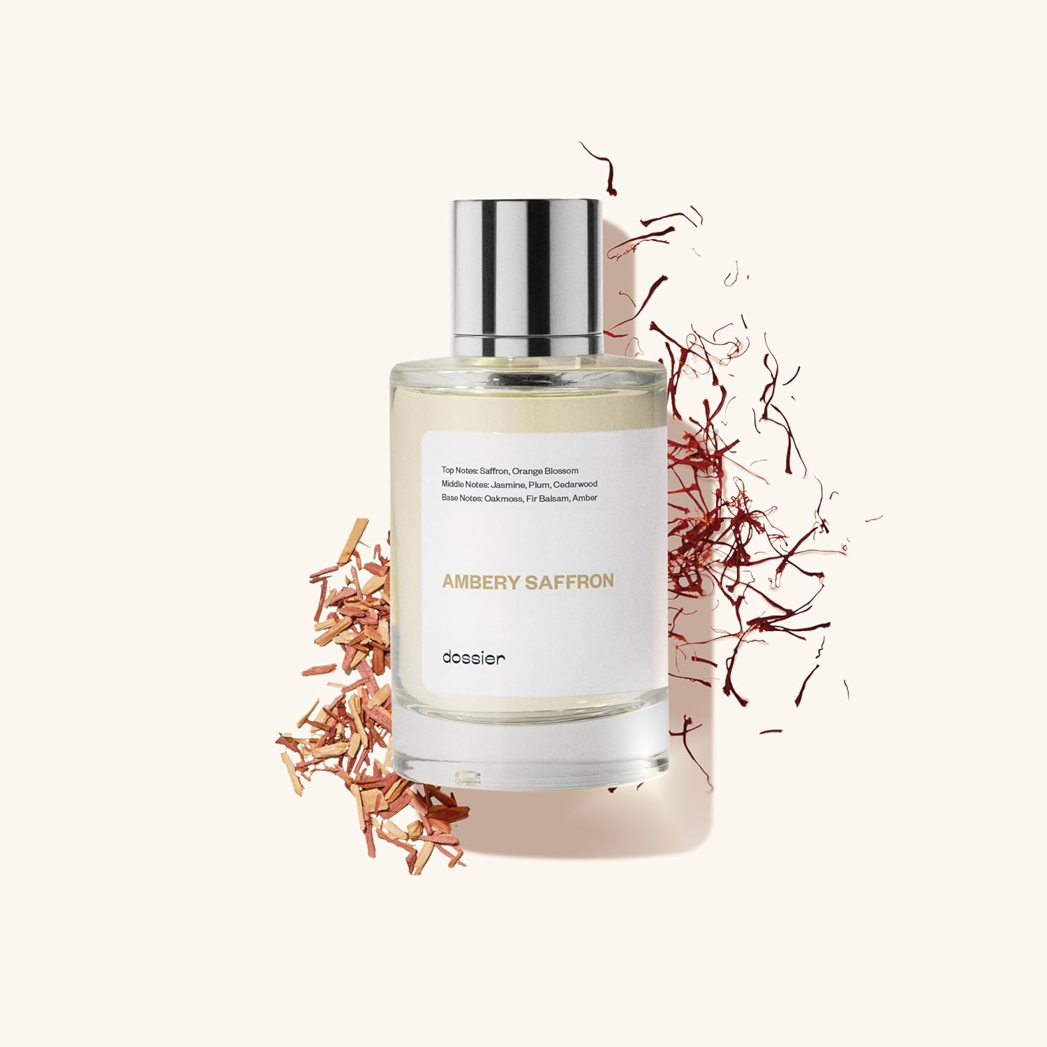Dossier Ambery Saffron Eau de Parfum bottle, vegan fragrance inspired by MFK Baccarat Rouge 540, with amber and saffron notes