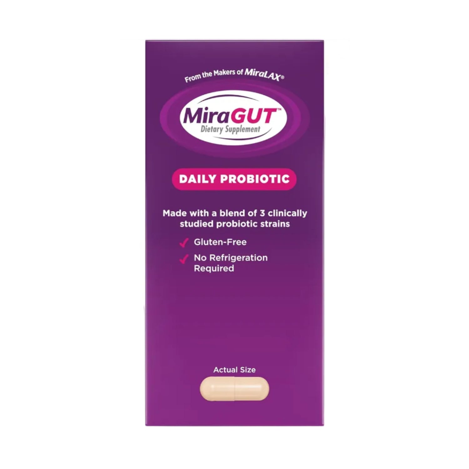 MiraLAX MiraGUT Daily Probiotic bottle showing label with probiotics for digestive health and gut support.