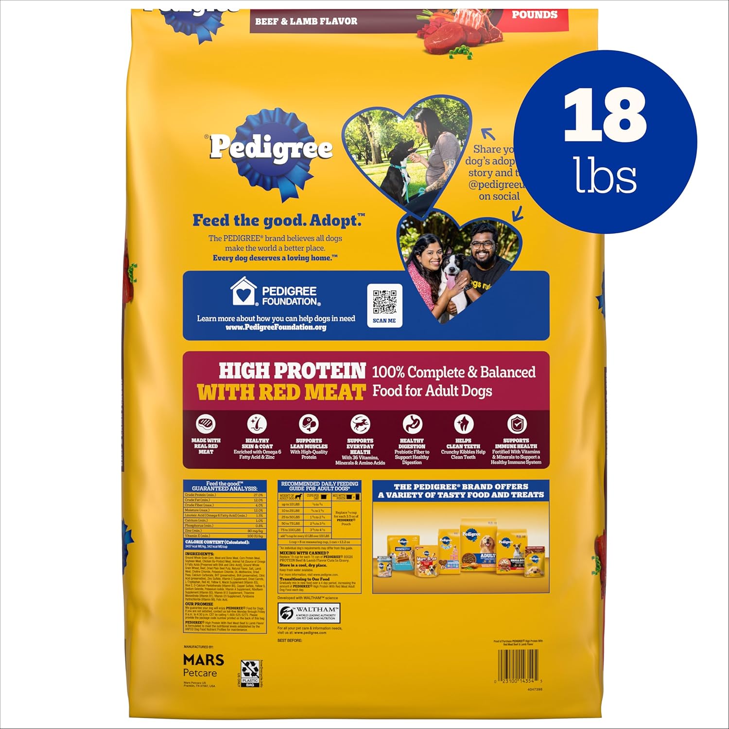 Pedigree dry dog food bag for adult dogs, high protein beef and lamb flavor, 18 lb. bag with image of the kibble and packaging