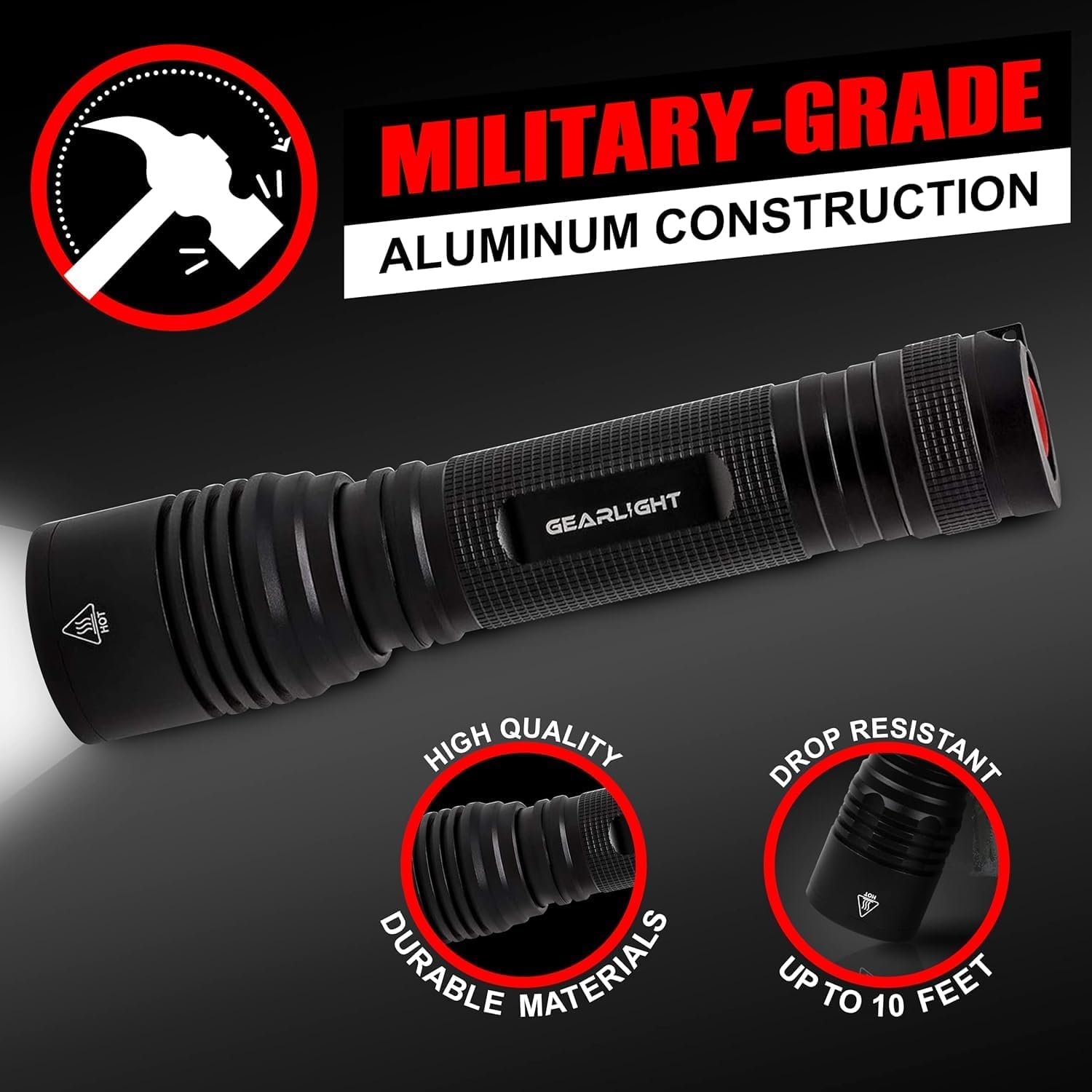 Black flashlight with 'Gearlight' branding on a dark background, featuring military-grade construction claims.