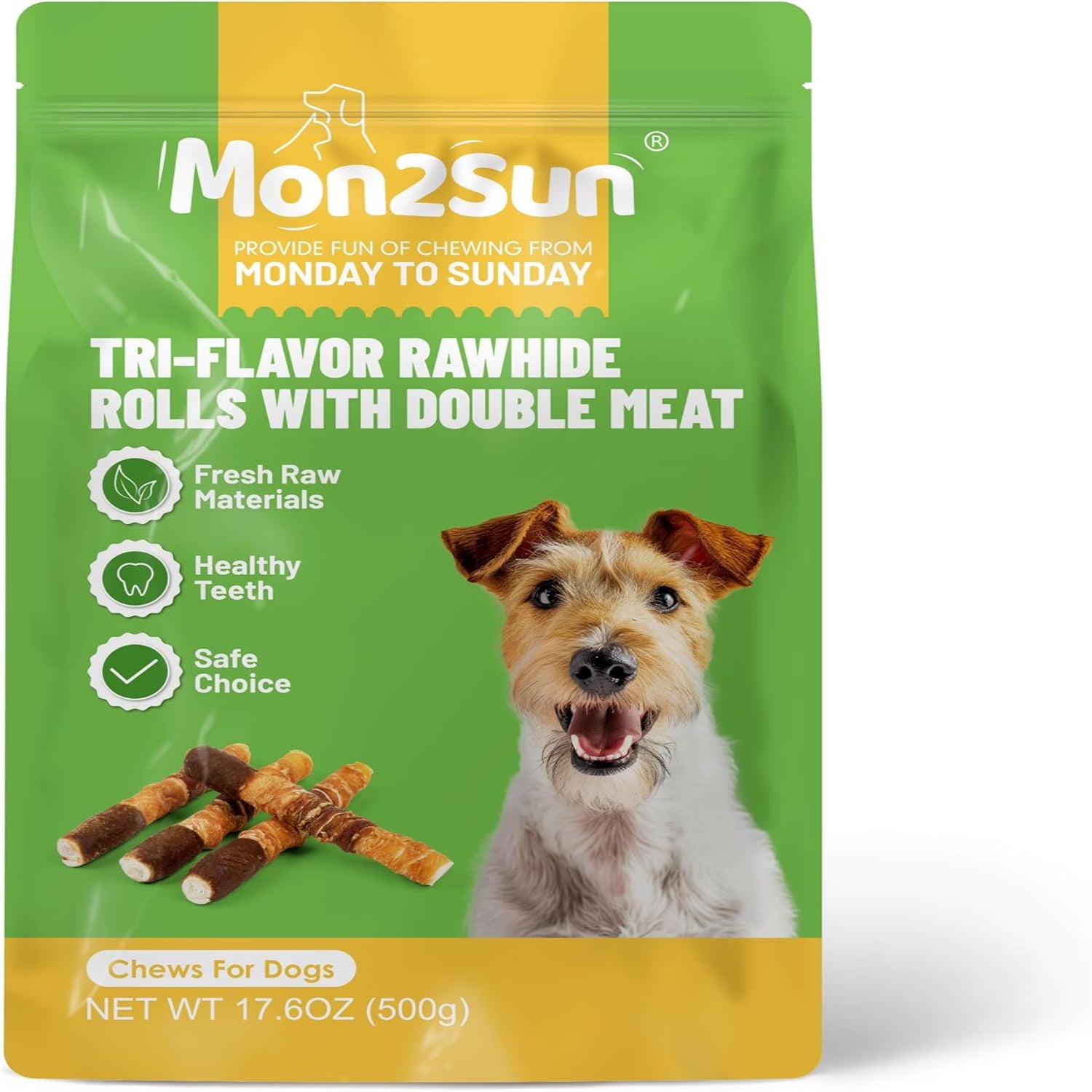 MON2SUN dog treats in triple flavor with chicken liver and duck, 6-inch wrapped chew for dogs.