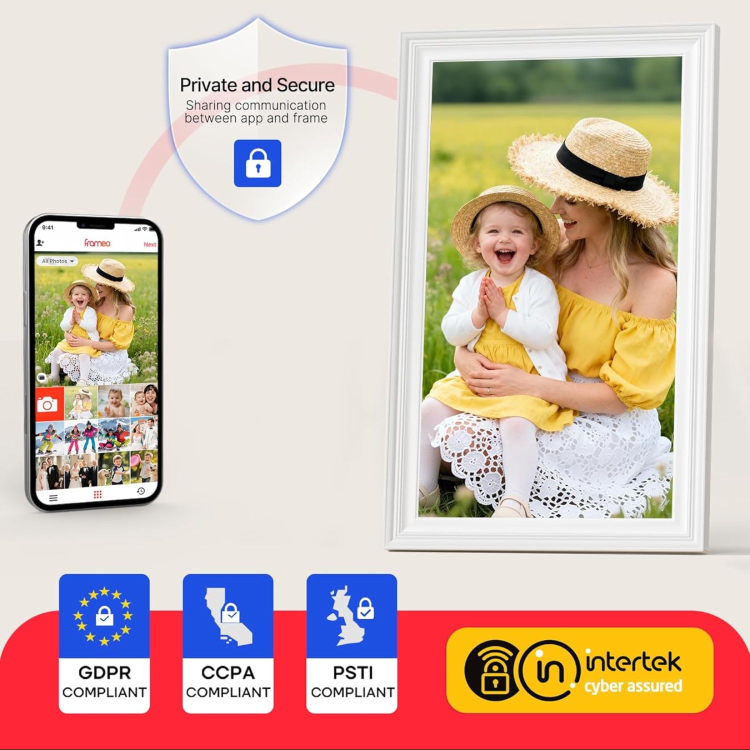 BIGASUO 15.6-inch digital picture frame with WiFi, 64GB storage, Frameo display showcasing colorful family photos.