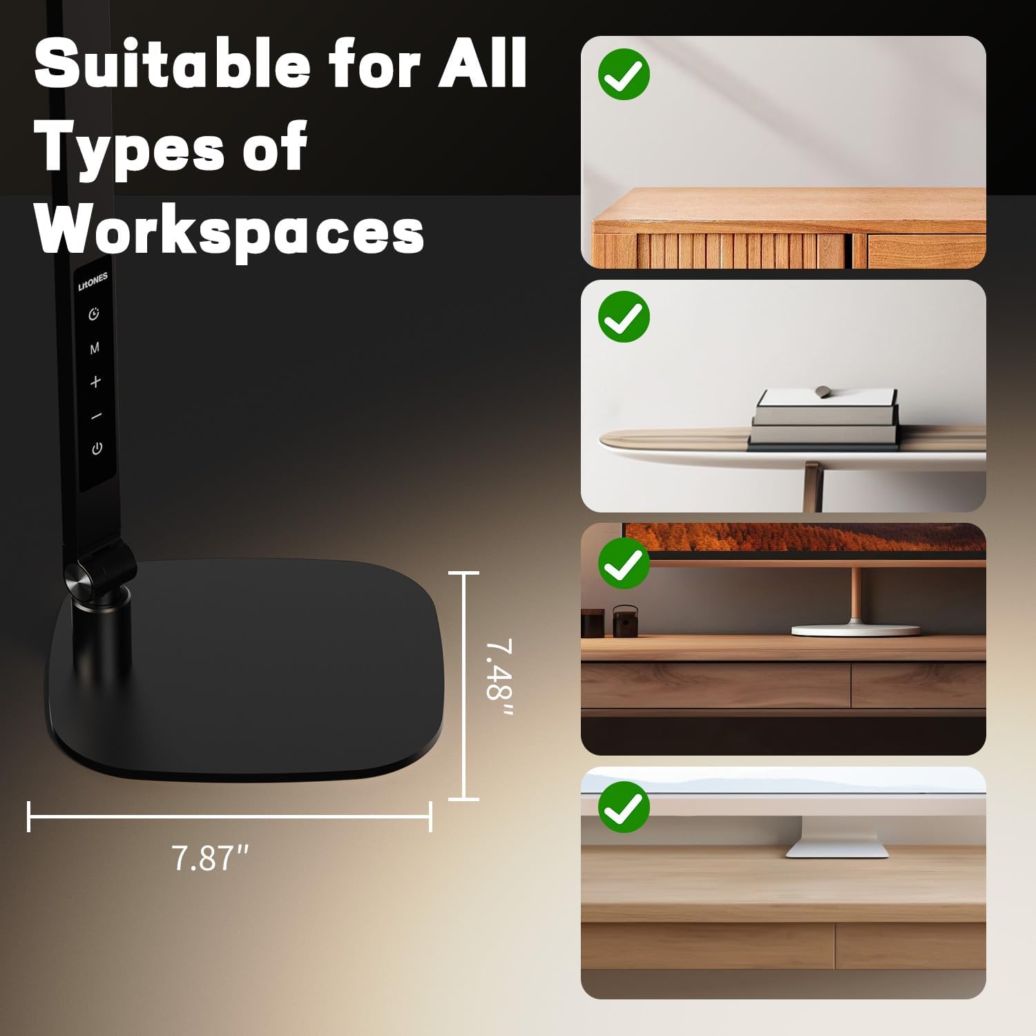 LitONES LED desk lamp for home office with soft diffused light and dimmable feature, designed for eye care and adjustable brightness.
