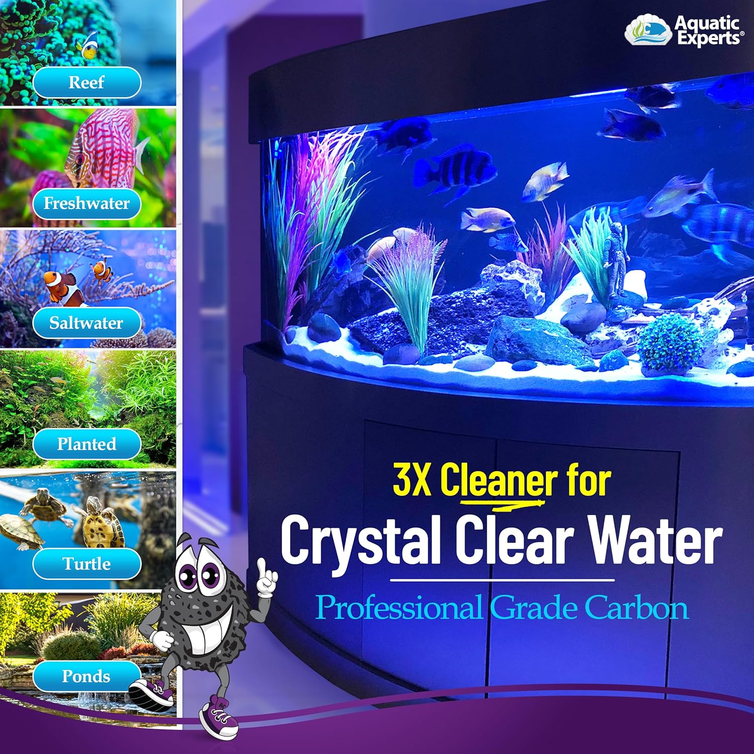 Aquarium activated carbon filter media by Aquatic Experts, designed for fish tank filtration and improving water clarity.