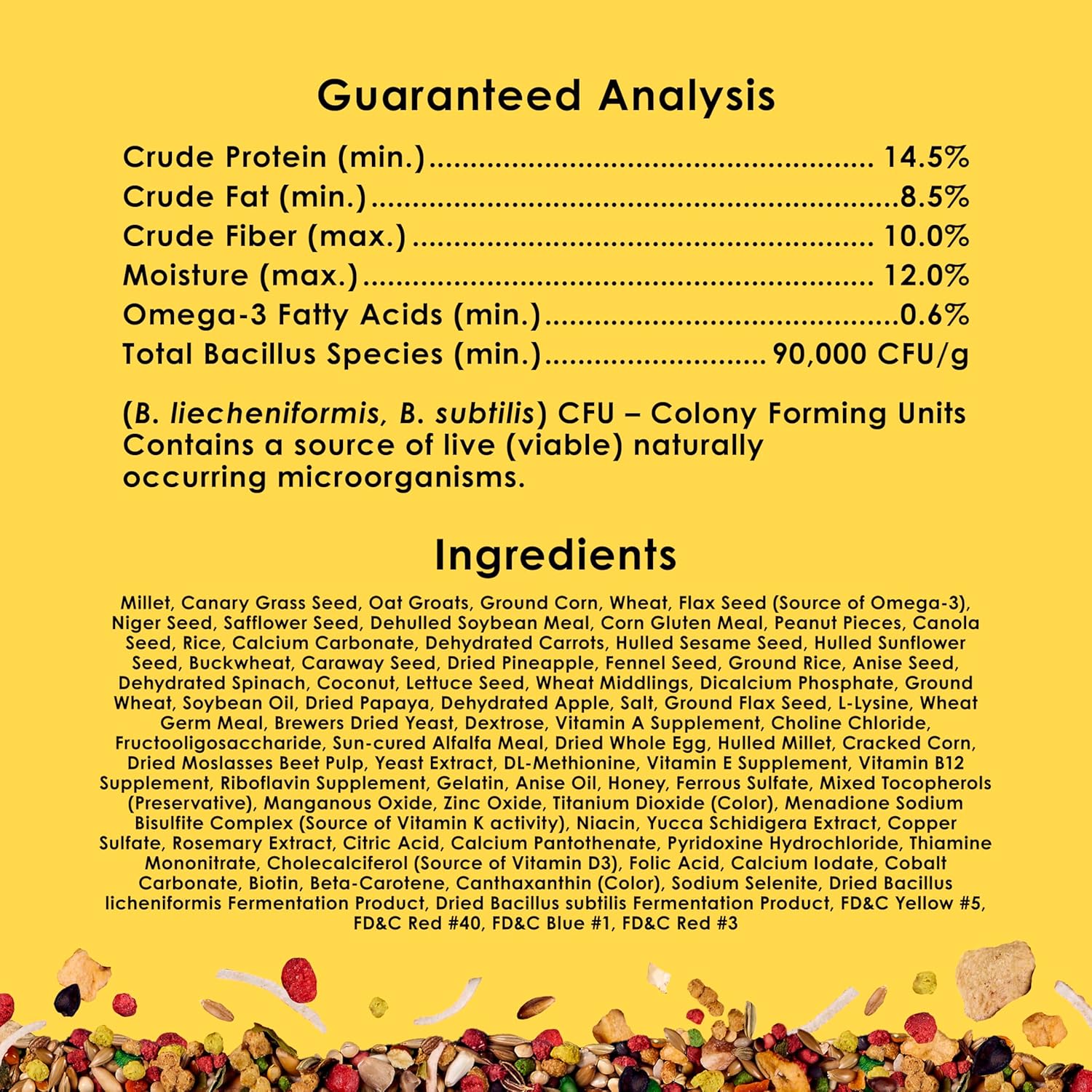 Kaytee Fiesta Parakeet Food blend with seeds and grains, designed to support parakeet skin and feather health.