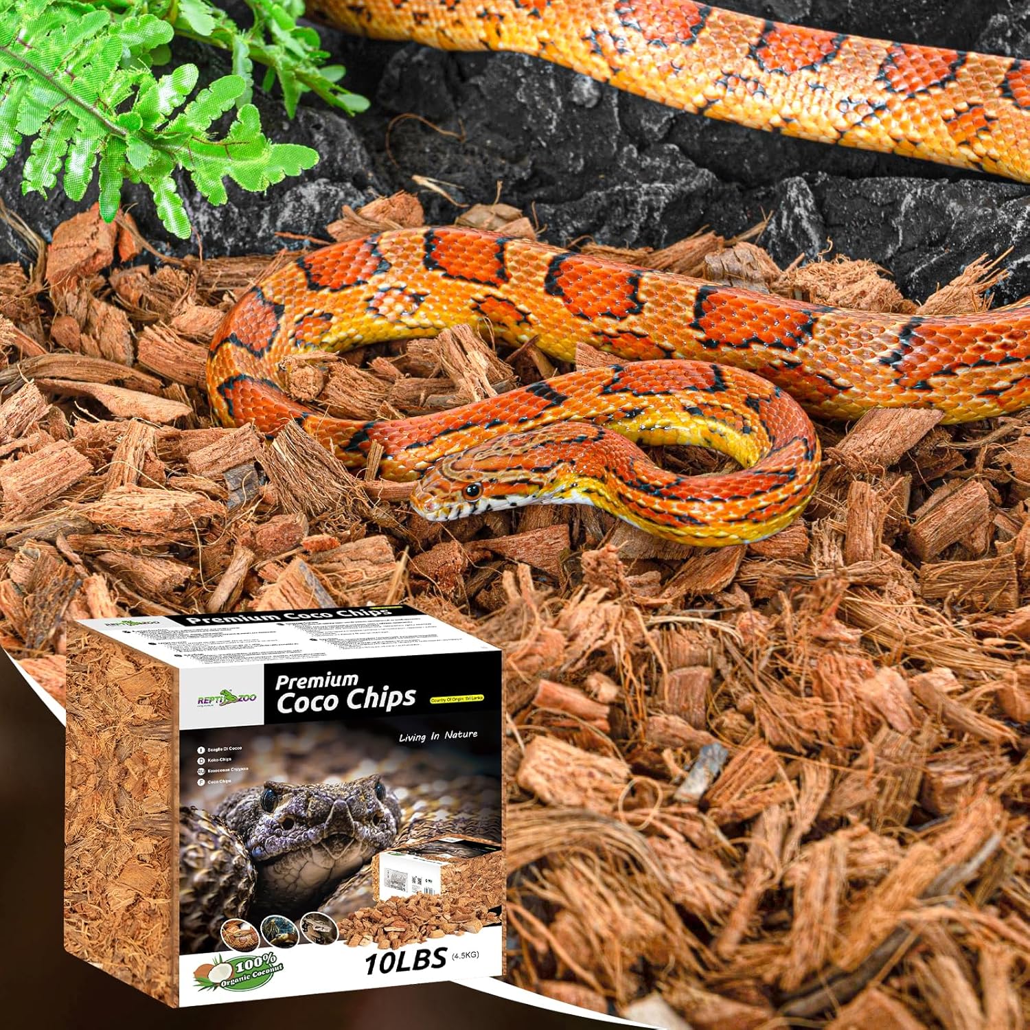 REPTI ZOO 72 Quart reptile coconut chip substrate with coco husk, suitable for reptile terrariums and habitat flooring.