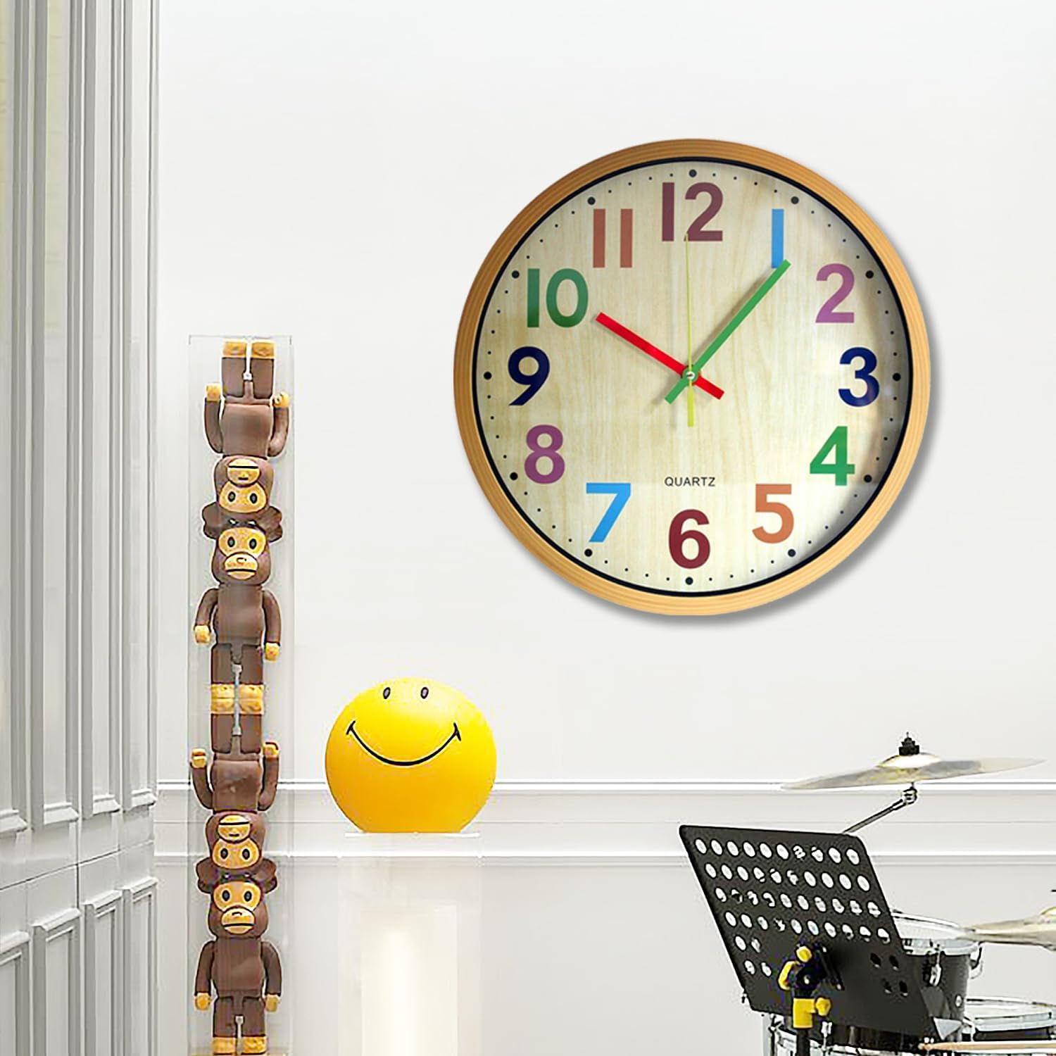 Colorful 12-inch TOHOOYO wall clock with easy-to-read numbers, silent non-ticking mechanism, battery-operated, perfect for home or office.