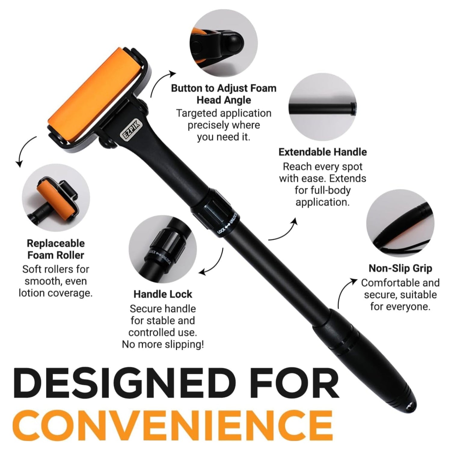 Black and orange roller with features highlighted on a white background