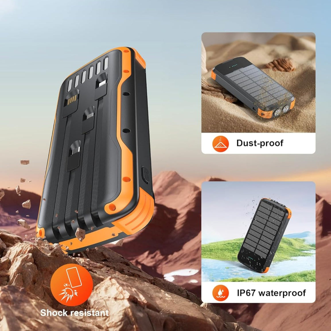 SOXONO solar charger power bank with 40000mAh capacity, PD 20W fast charging external battery, featuring solar panels and USB ports.