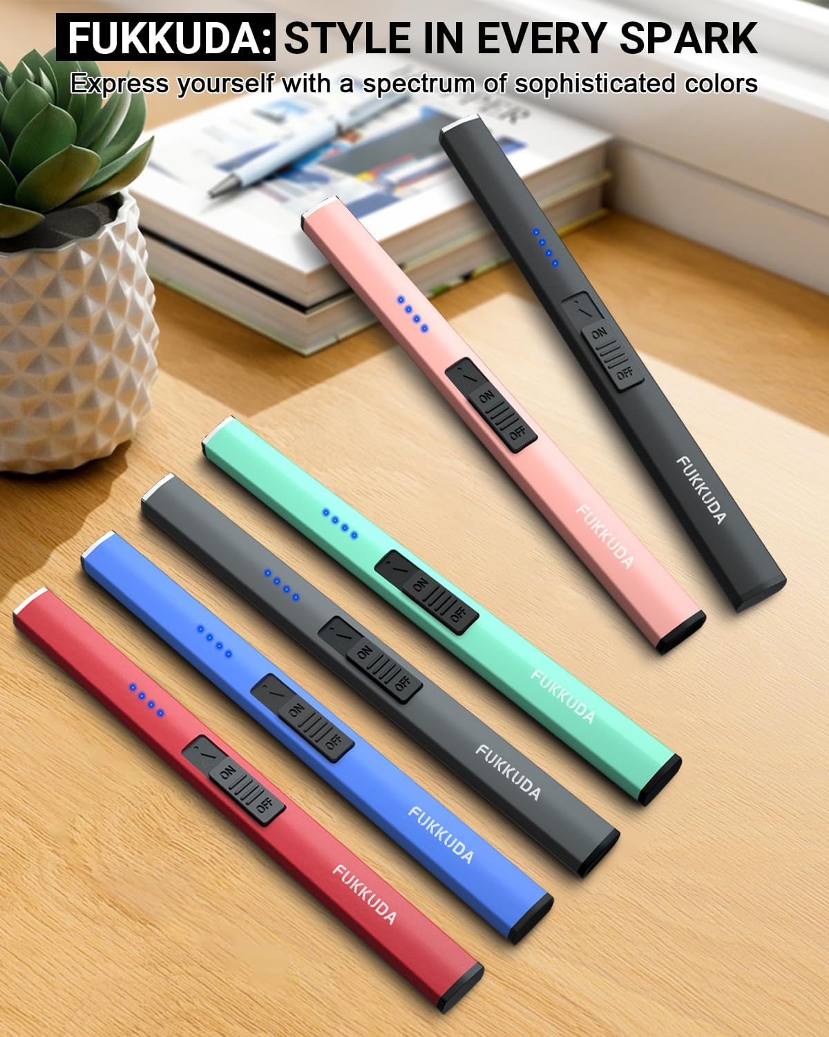 FUKKUDA electric candle lighter with safety switch, USB rechargeable, windproof design, compact and sleek in black.