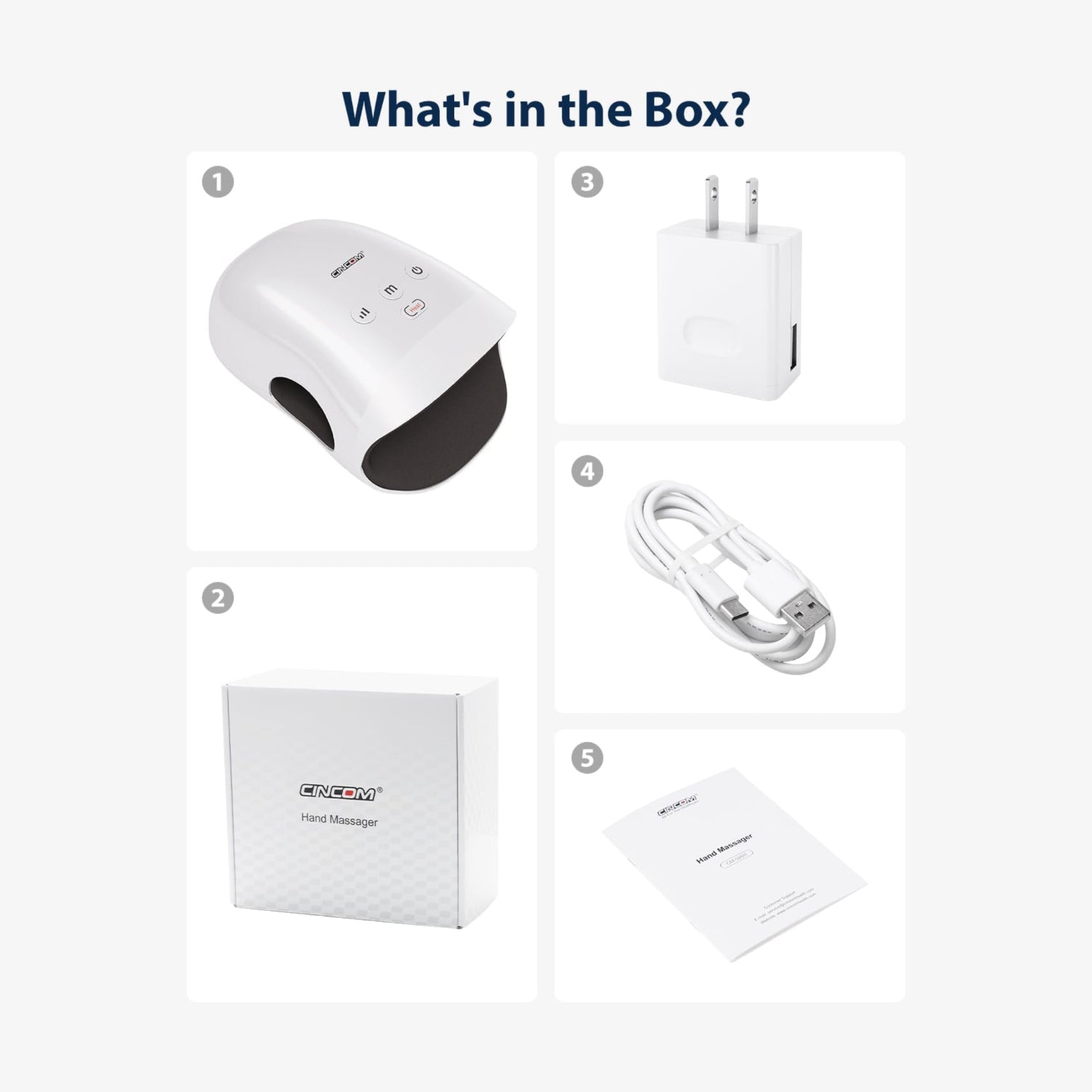 CINCOM cordless hand massager with heat and compression, showing the device wrapped around a hand for relaxation and pain relief.