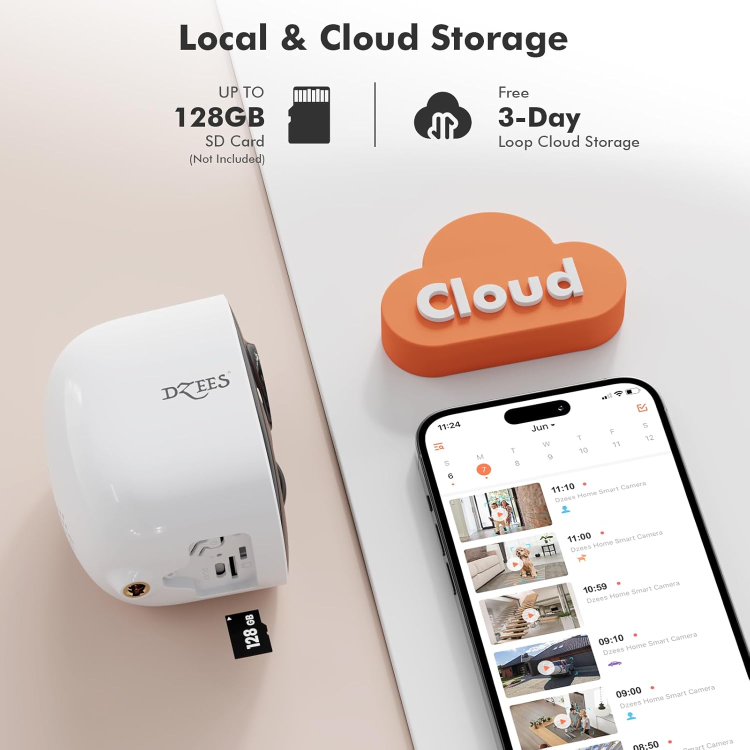 Wireless Dzees Outdoor Camera with 2K resolution, battery-powered WiFi surveillance camera for home security.