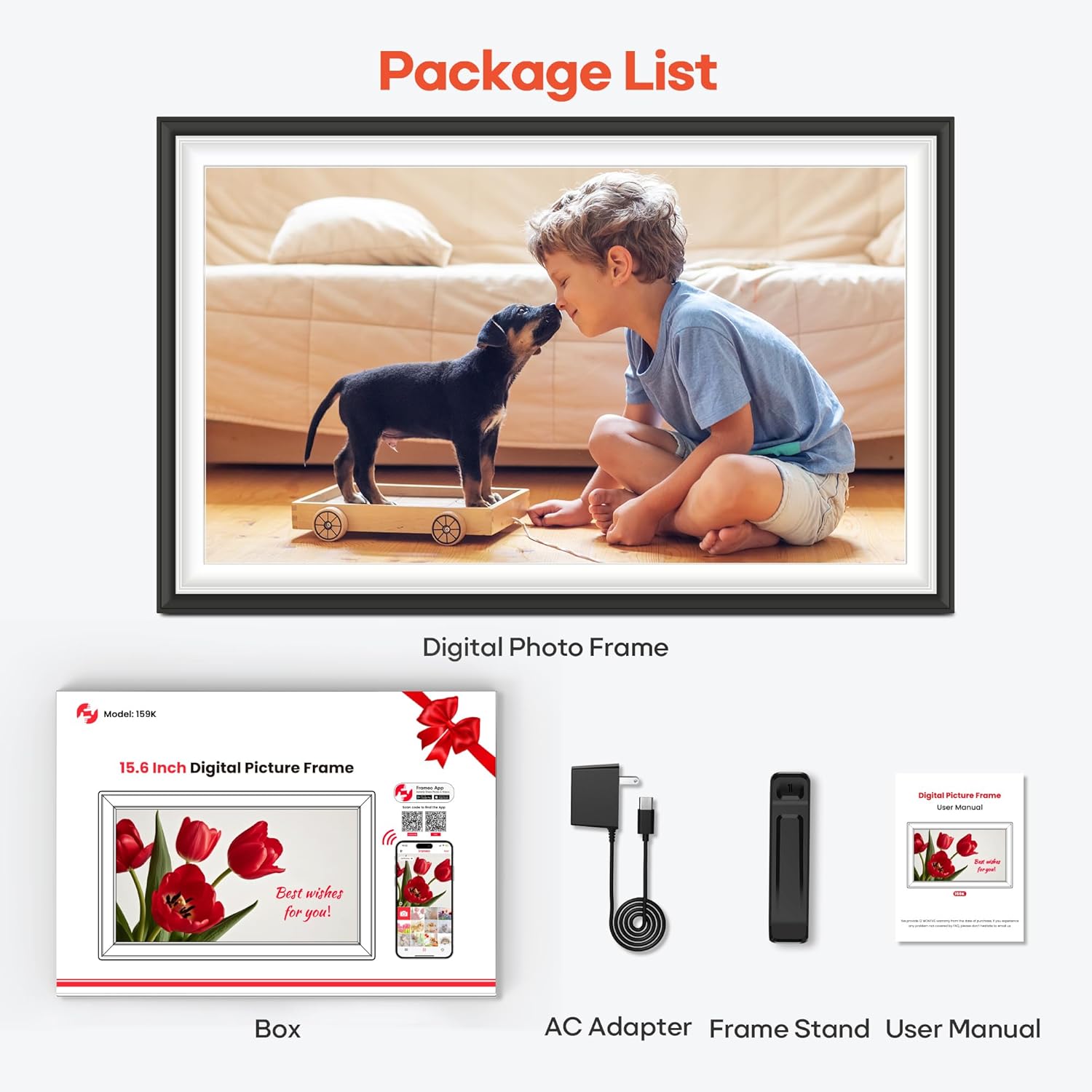 BIGASUO 15.6-inch Digital Picture Frame Frameo with WiFi displaying a photo slideshow on a sleek, modern electronic photo frame.