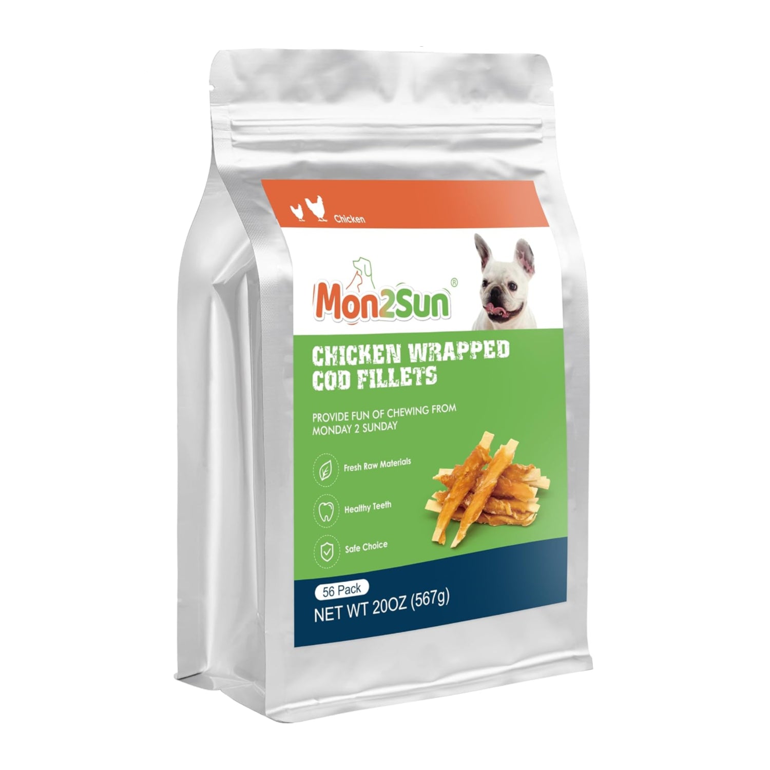 MON2SUN rawhide-free dog treats with chicken-wrapped cod fillet, 4-inch dog snacks, shown in the product image.