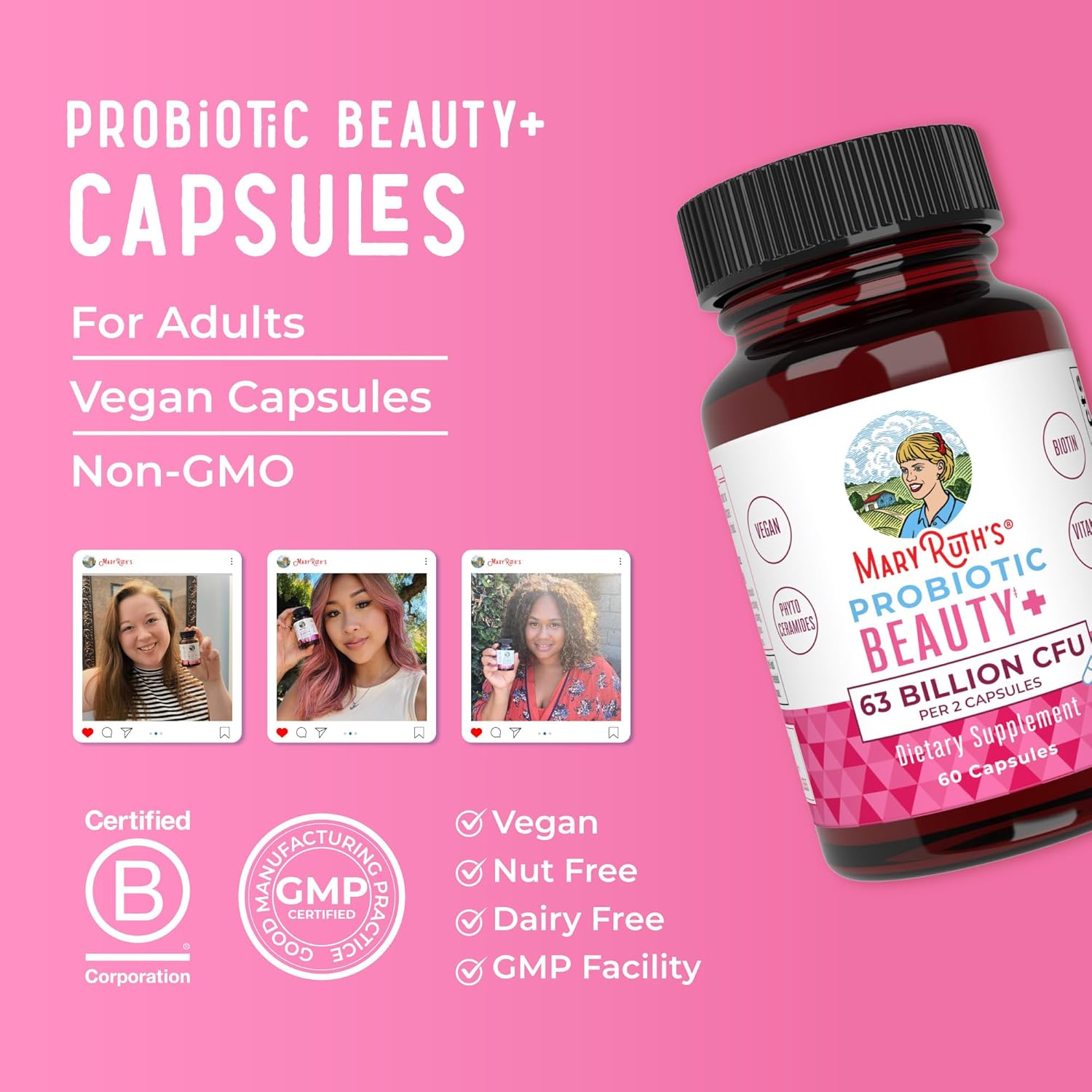 MaryRuth's Probiotic Beauty Capsules for vegan collagen support, featuring supplement bottles with capsules and vibrant labeling.