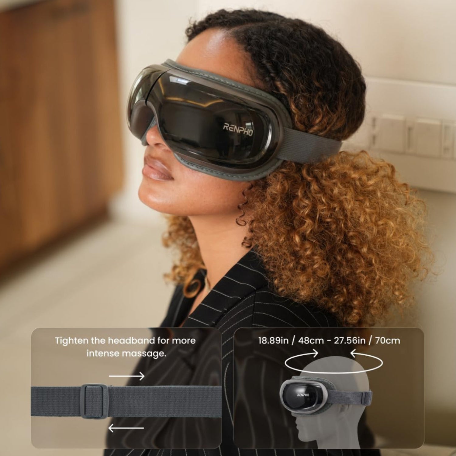 RENPHO Eyeris 3 Eye Massager with heat and cooling functions, shown with adjustable straps and control buttons.