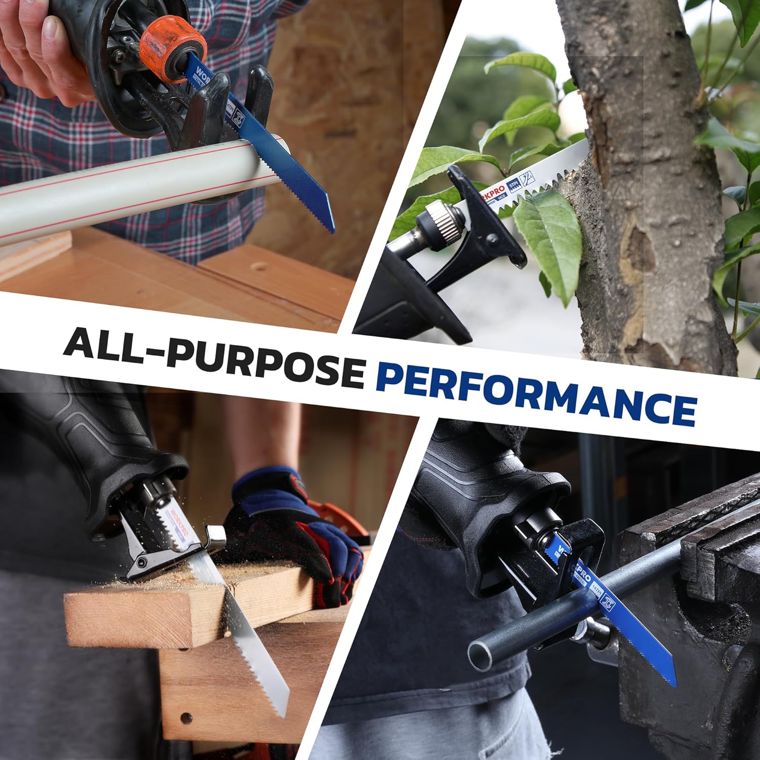 WORKPRO 32-piece reciprocating saw blade set with metal and woodcutting blades, including pruner saw blades, arranged in a storage case.