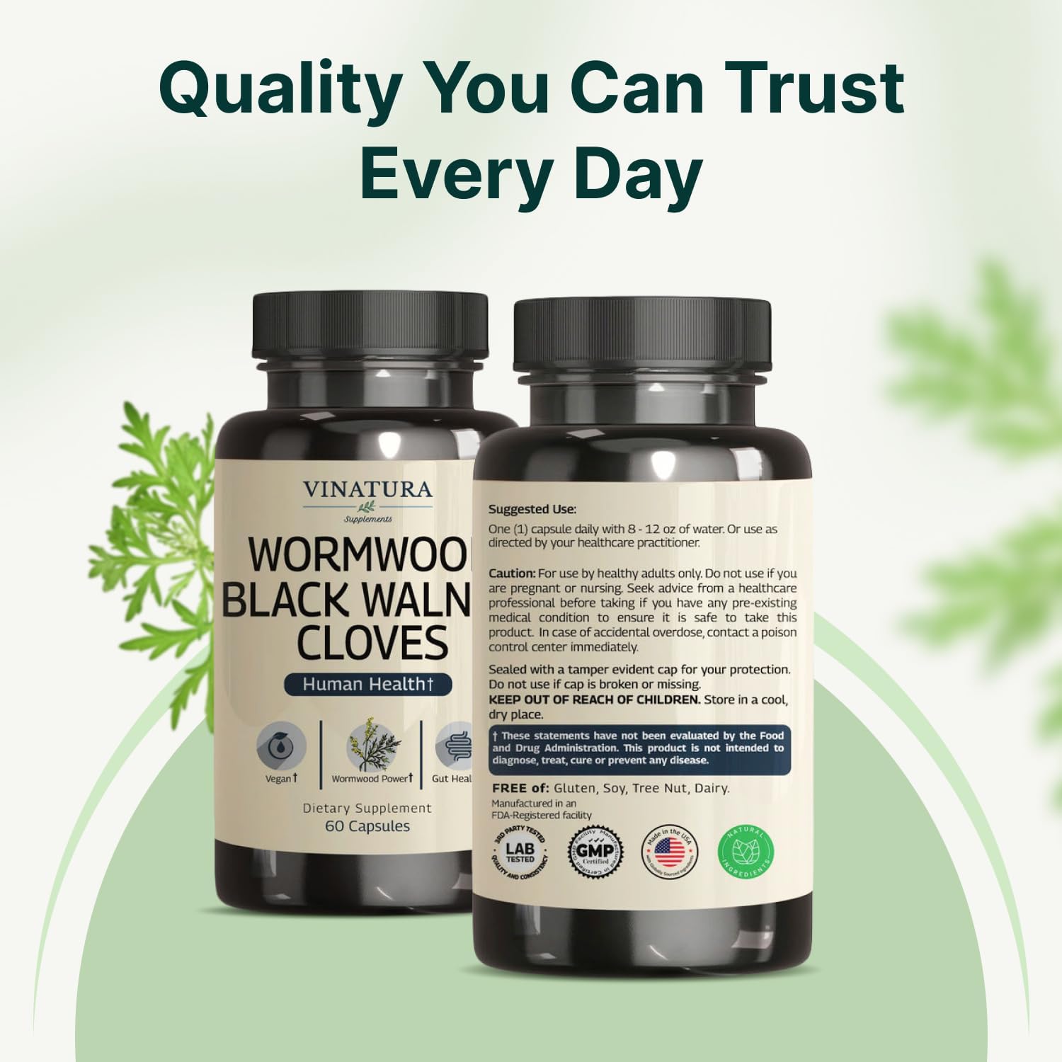 Two bottles of Vinatura Wormwood Black Walnut Cloves dietary supplements on a light green background with text about quality.