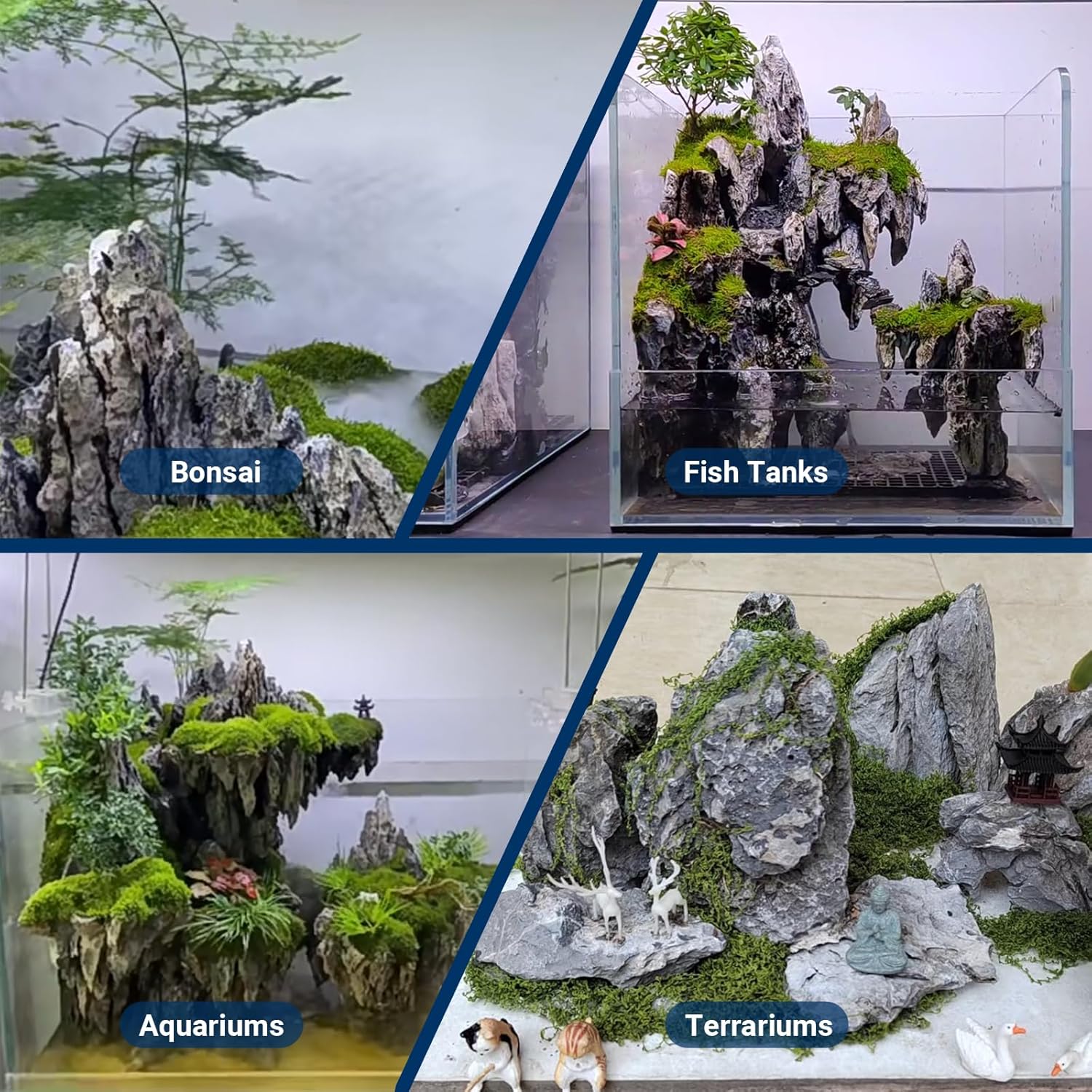 ChaoLeHo Natural Rocks Seiryu stones for aquariums, showcasing textured, blue-gray aquascaping stones in a clear display.