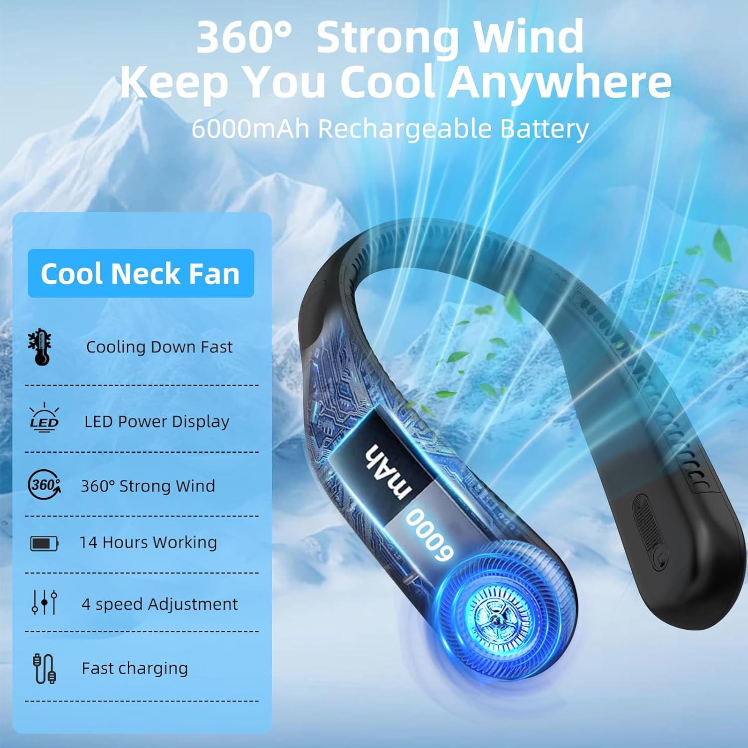 Portable Neck Fan,Hands Free Personal Wearable Bladeless Fan,6000mAh USB Rechargeable