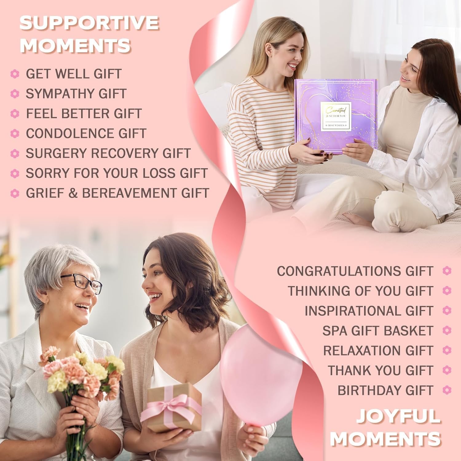 Zerivne self-care gift basket for women with 11 relaxing wellness items, including rose-scented products and skincare essentials.