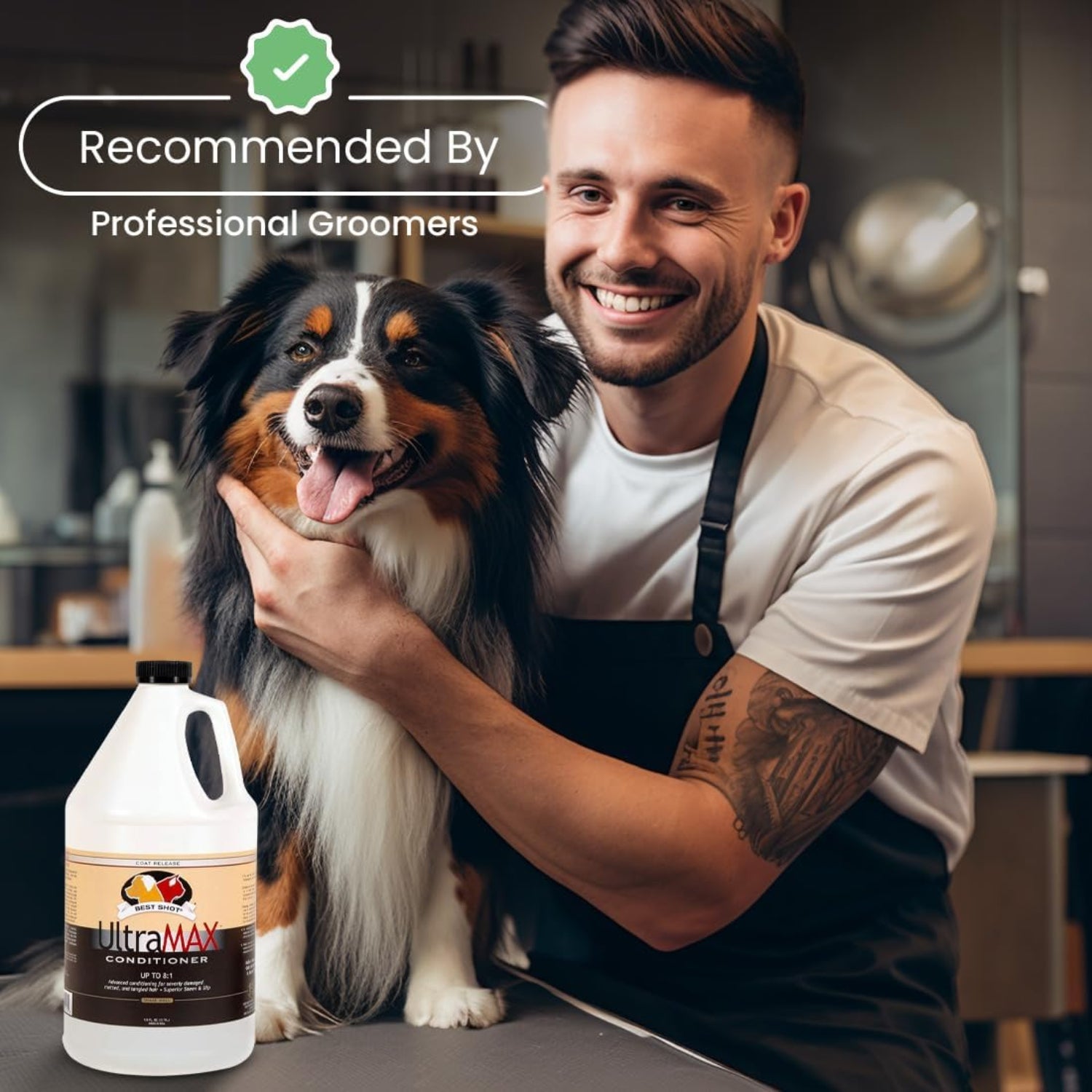 Best Shot UltraMAX Pro Hydrating Conditioner for dogs and cats, showing a bottle of Best Shot Pet conditioner with a clean, professional label.