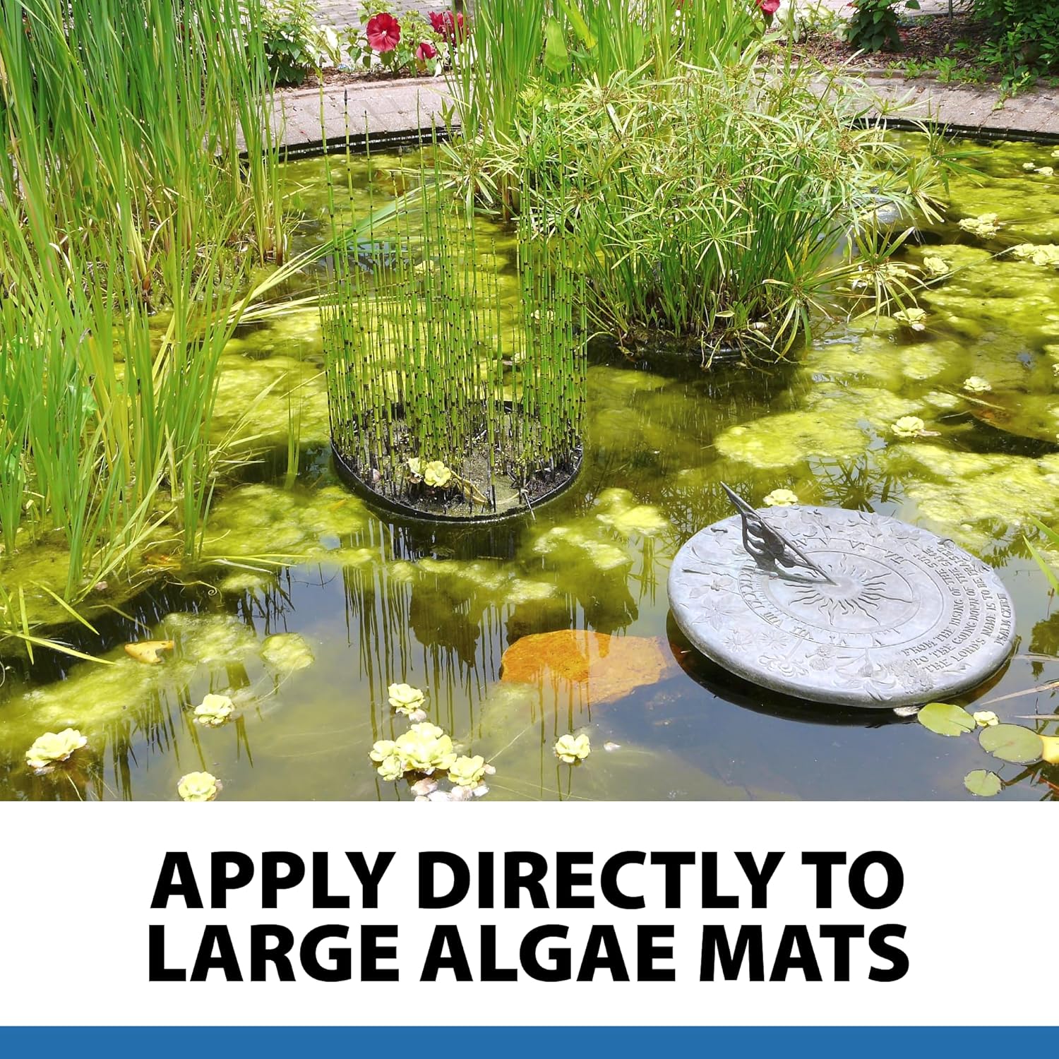 CrystalClear AlgaeOff pond and water garden scum cleaner for waterfalls, showing the container and water feature in a pond setting.