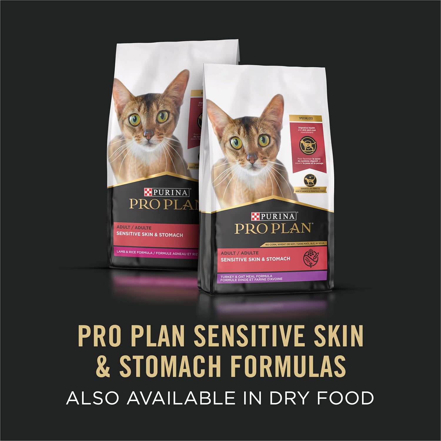 Cans of Purina Pro Plan Sensitive Skin and Stomach cat food with wet pate formula, featuring a gray tabby cat next to the product