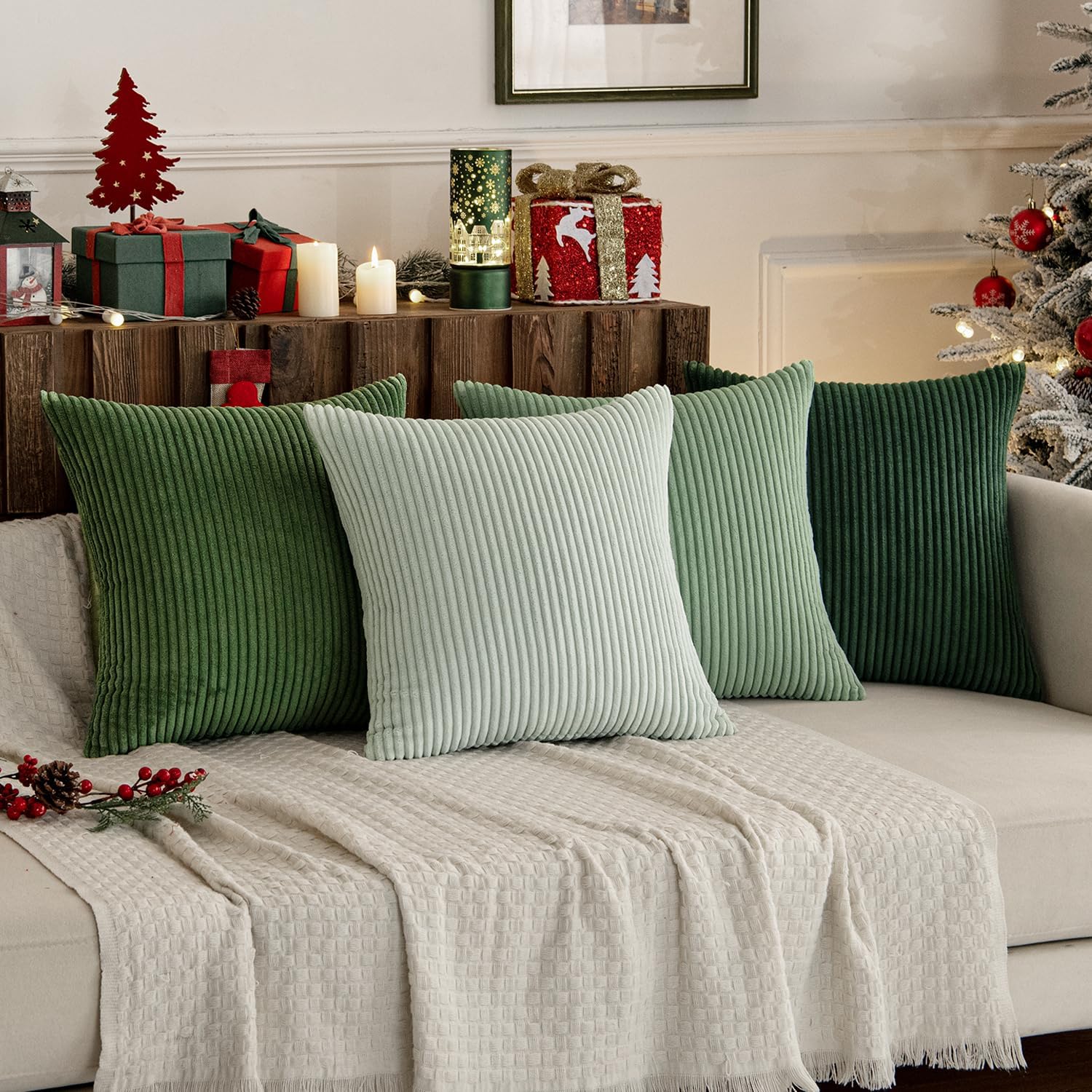 MIULEE Boho farmhouse sage green throw pillow covers, 18x18 inches, set of 4, modern decorative cushion covers for living room.