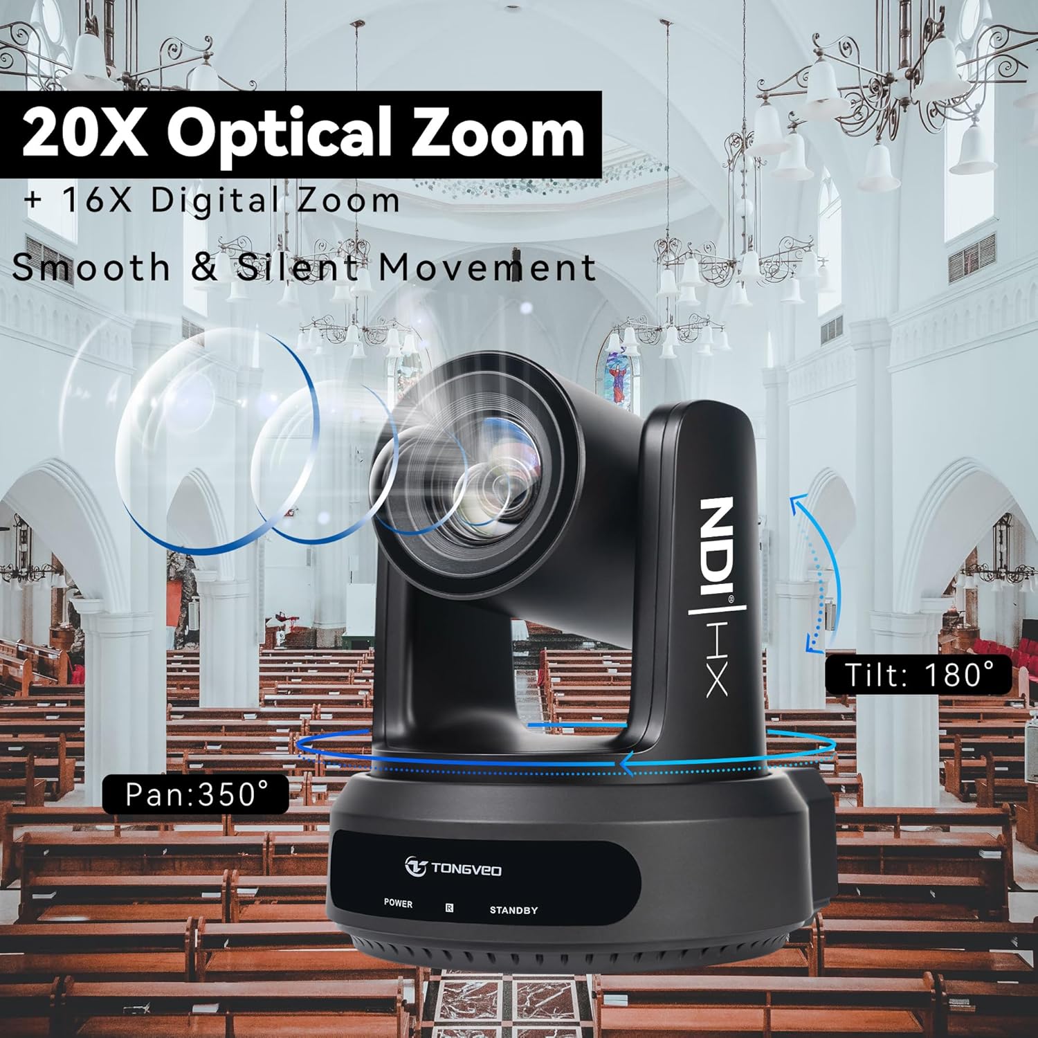TONGVEO NDI PTZ Camera with AI Auto-Tracking: 20X Optical Zoom HDMI SDI USB