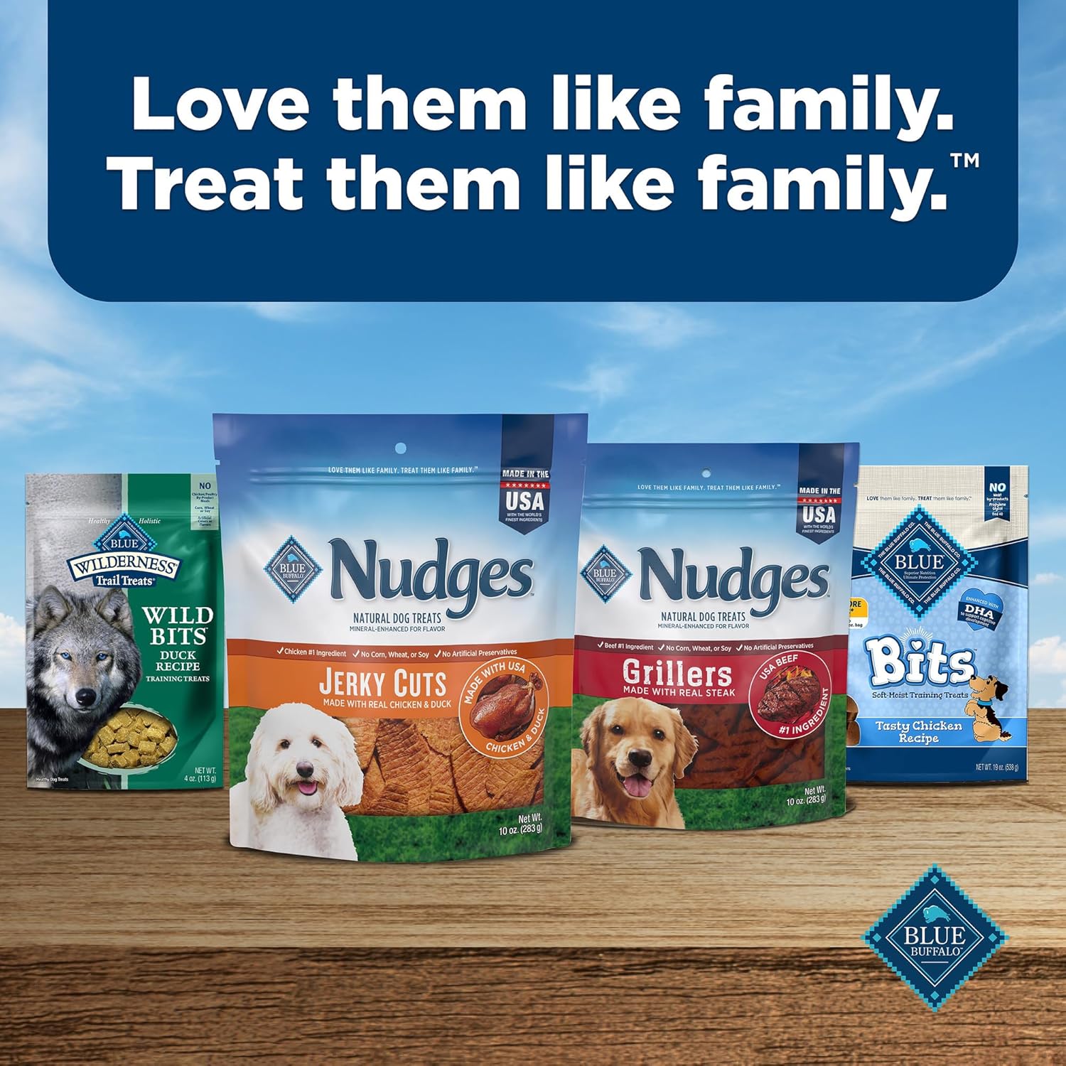 Blue Buffalo Nudges Jerky Cuts dog treats in a clear bag, showing natural, chewy beef jerky slices for dogs.