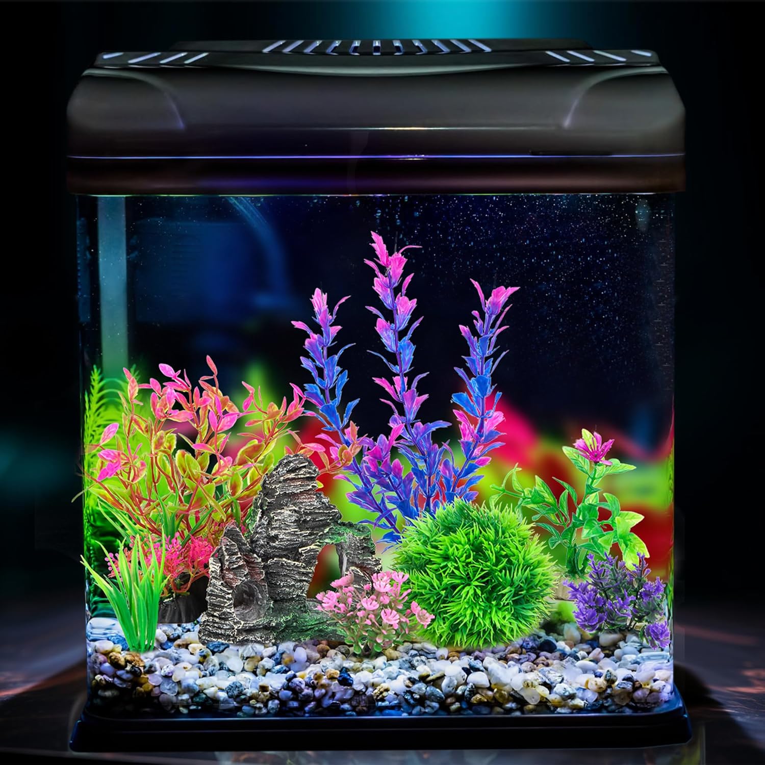 Ameliade aquarium plastic plants and rock cave decor with vibrant green aquatic plants and realistic underwater cave structure
