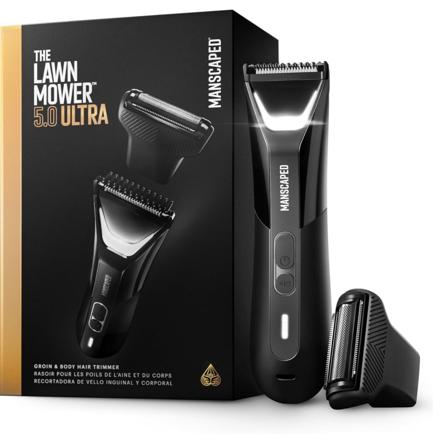 MANSCAPED The Lawn Mower 5.0 Ultra groin and body hair trimmer with sleek design and multiple trimming attachments.