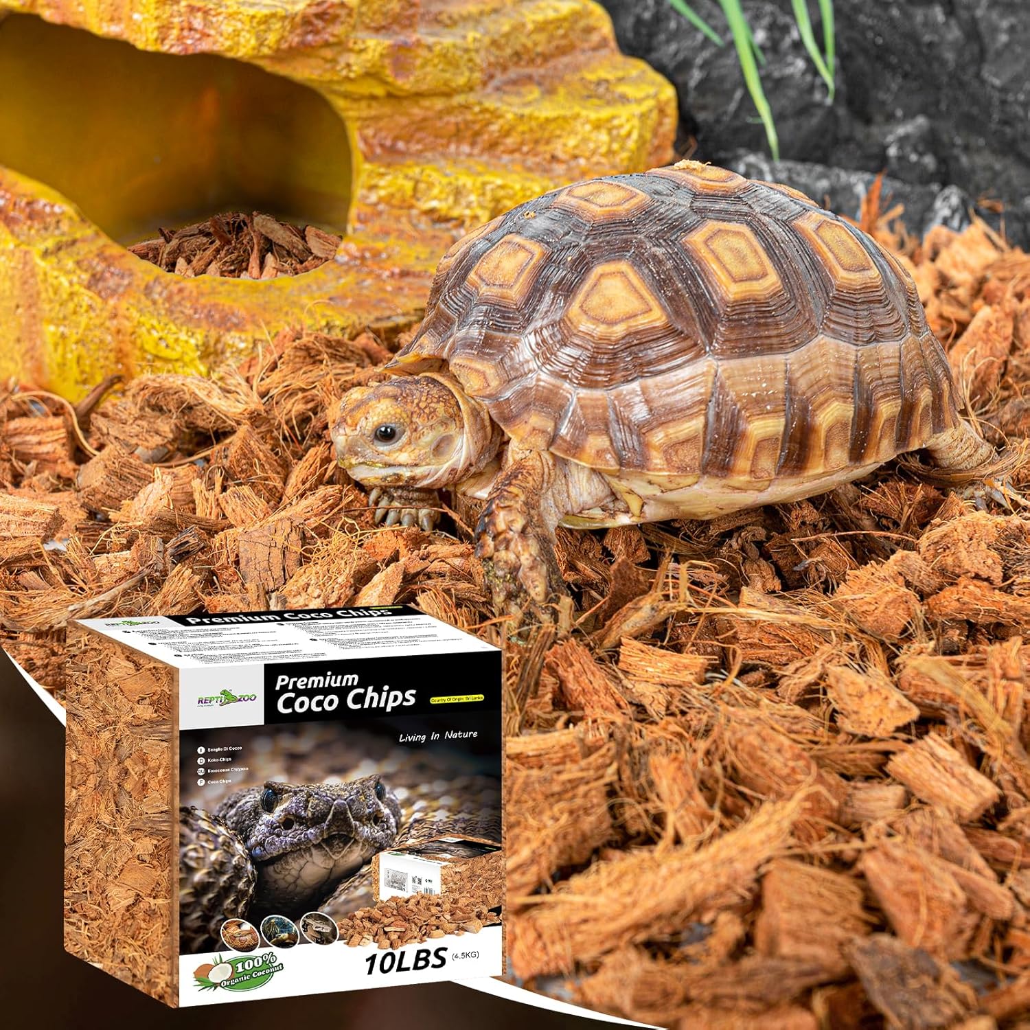 REPTI ZOO 72 Quart Coconut Chip Substrate for reptiles, showing natural coconut husk chips in a clear container.