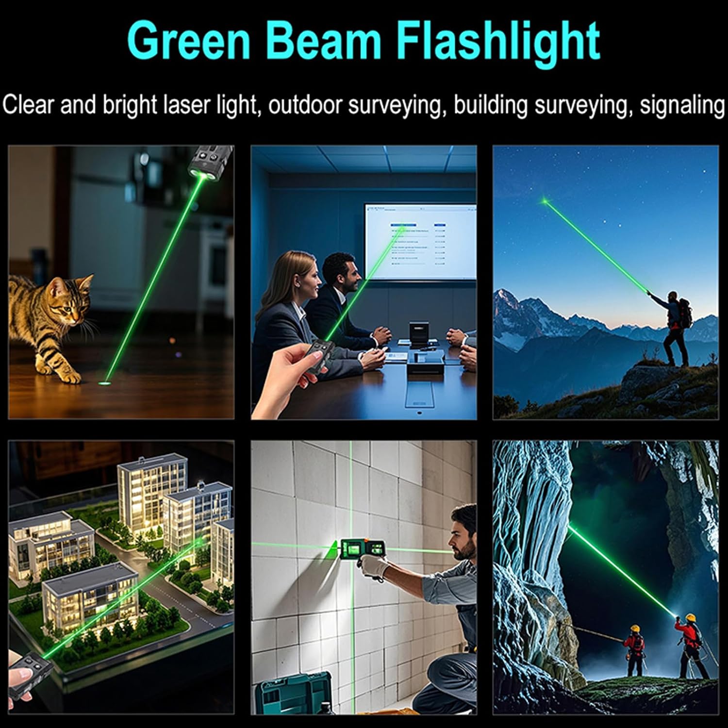Collage of green beam flashlight usage in various scenarios including a cat, office setting, mountain, city layout, and construction site.