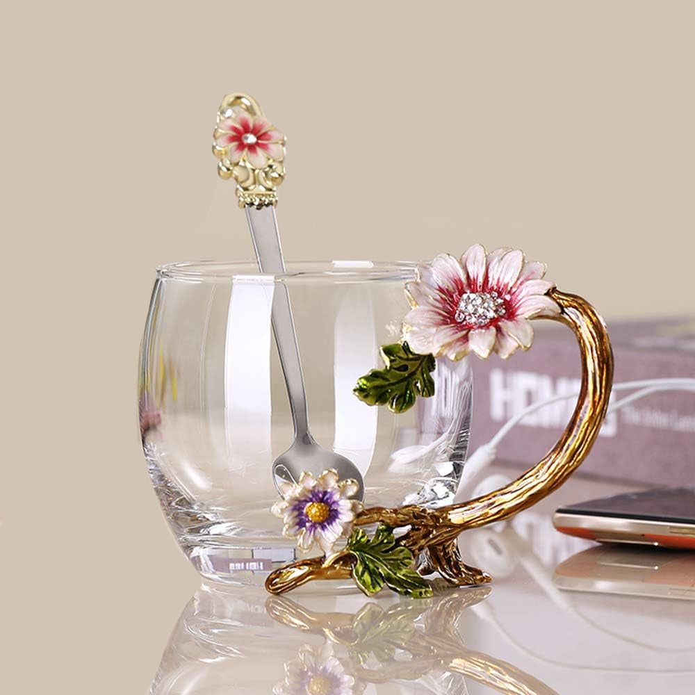 JY-Danbady enamel sunflower crystal glass tea cup with matching spoon, lead-free, featuring colorful sunflower design and clear glass body