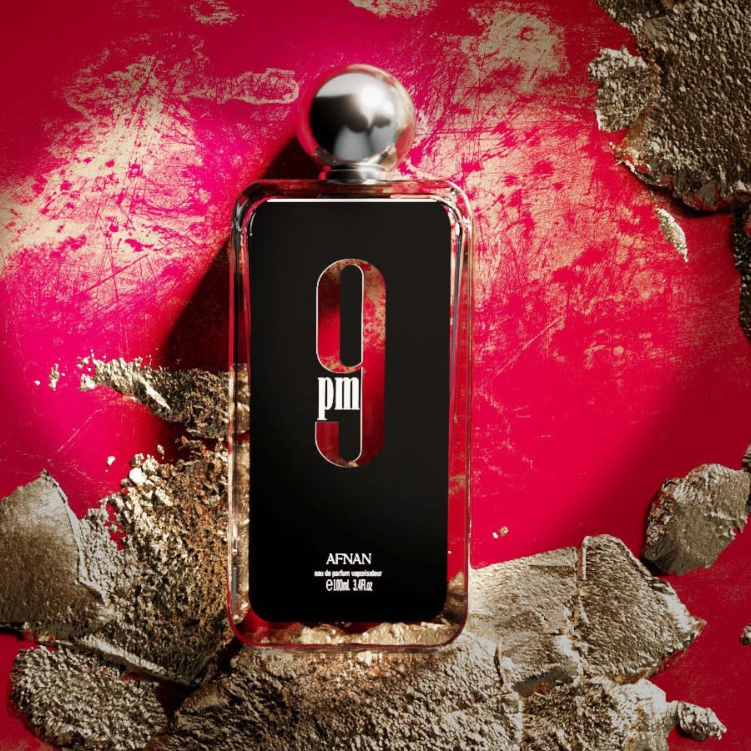 Afnan 9 PM For Men Eau De Parfum bottle, 3.4 Fl Oz, with sleek black and silver packaging, displayed on a white background.