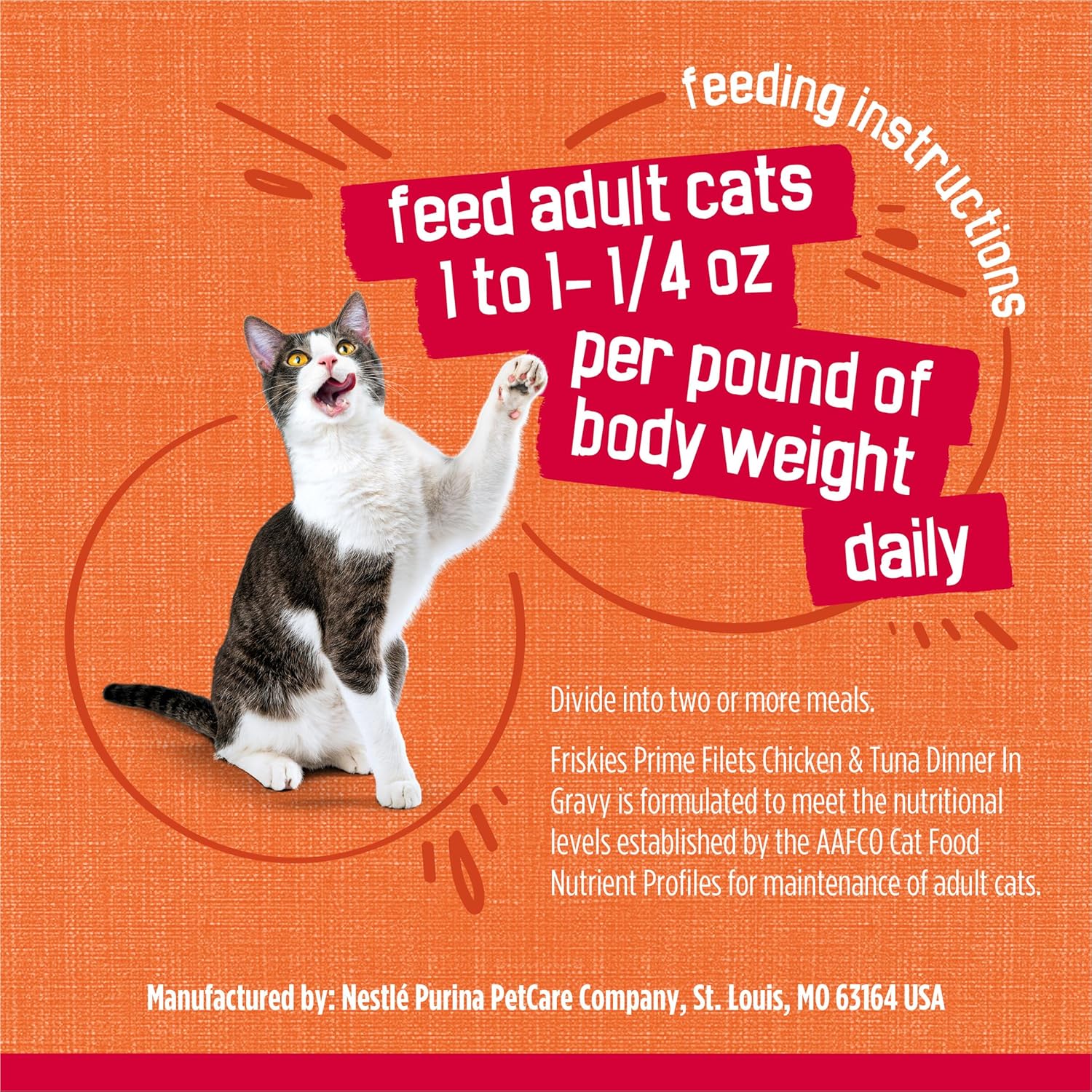 Canned Friskies Prime Filets Chicken and Tuna Dinner wet cat food in gravy, showing the product label and open can with chunks of meat.