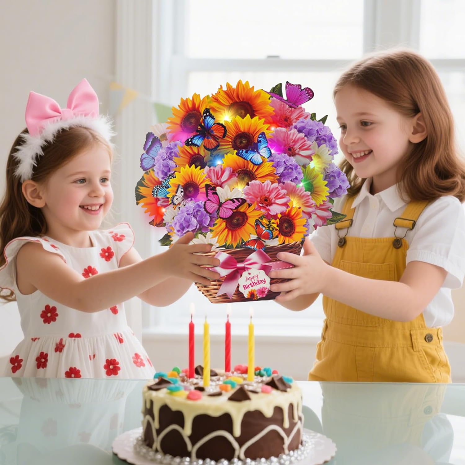 MZD8391 birthday pop-up card with music and lights, featuring a festive happy birthday design and intricate paper craftsmanship