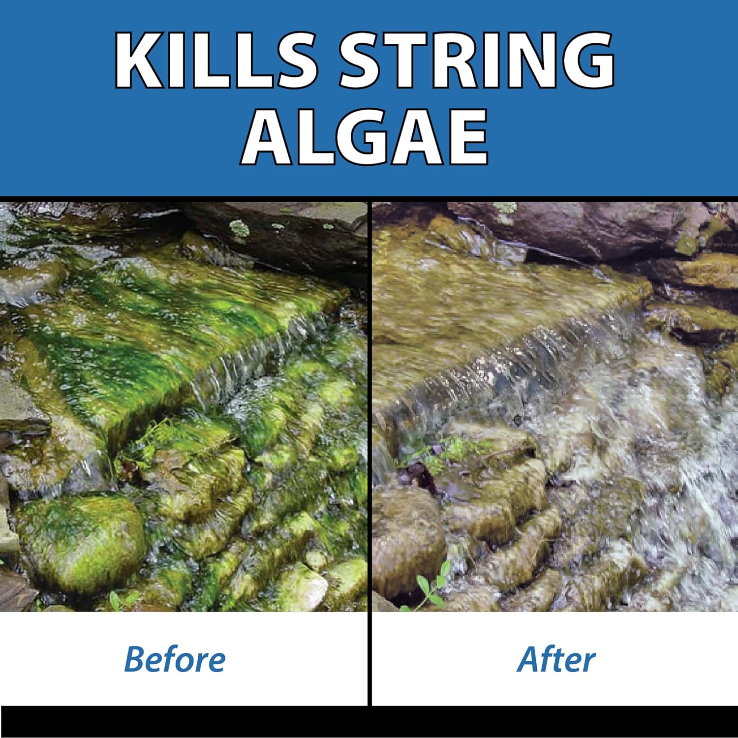 CrystalClear AlgaeOff pond and water garden scum cleaner for waterfalls, showing the product bottle next to a clear water feature