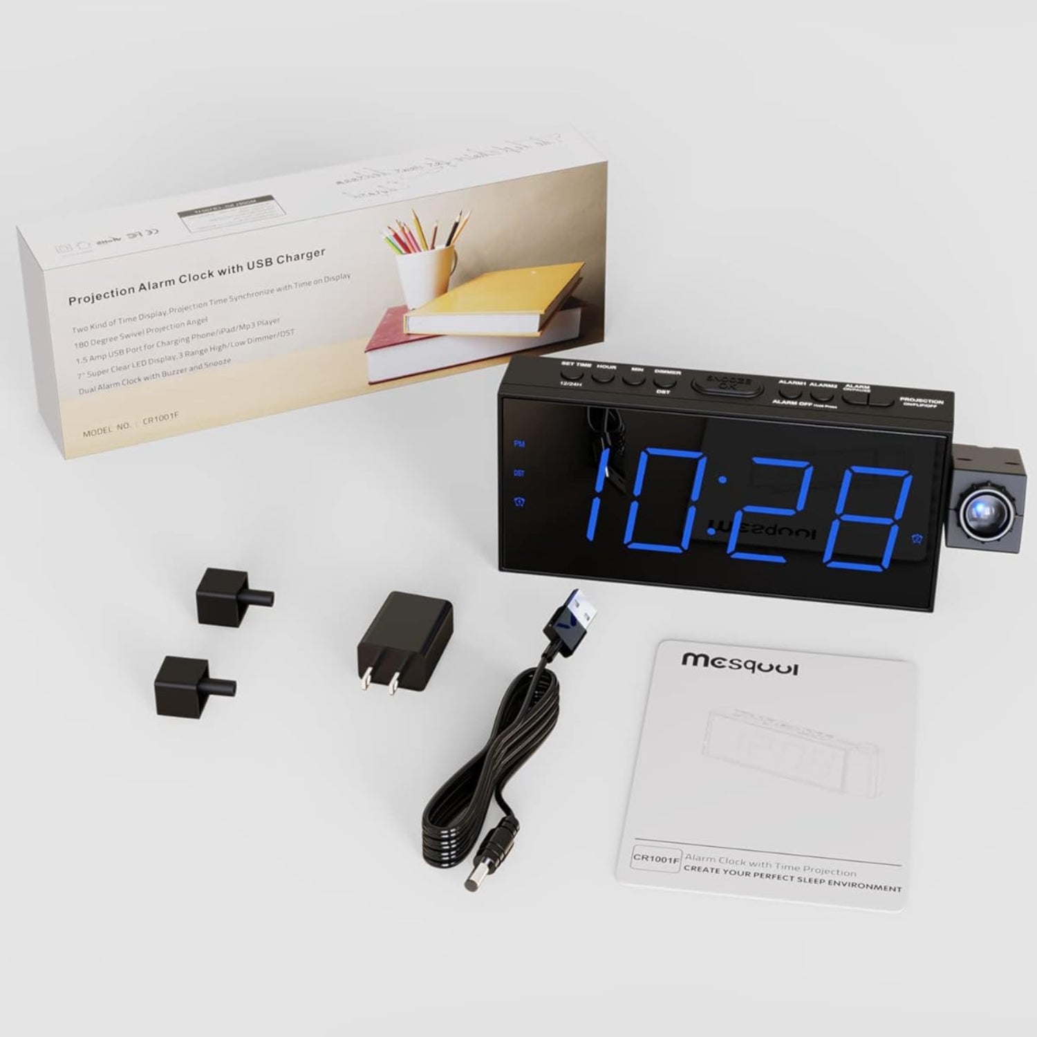Mesqool digital projection alarm clock with large LED display and 180° rotatable projector for bedroom use.