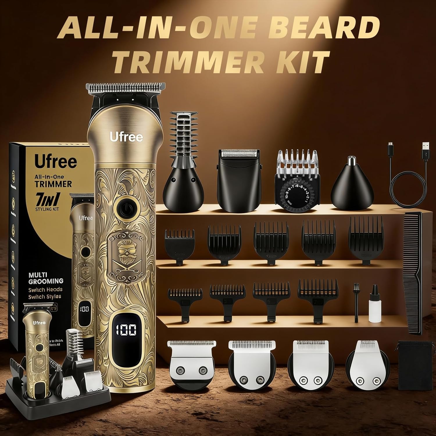 Ufree electric beard trimmer for men with adjustable blades, cordless hair clipper, and shaver for grooming facial hair.