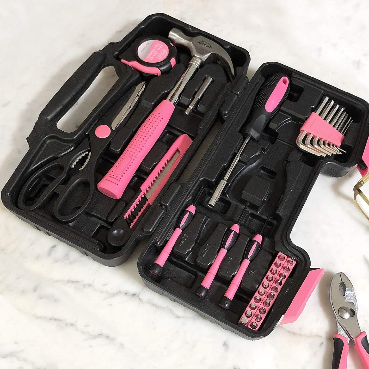 Apollo Tools 39-piece general household tool set in a plastic toolbox, including screwdrivers, pliers, and wrenches.