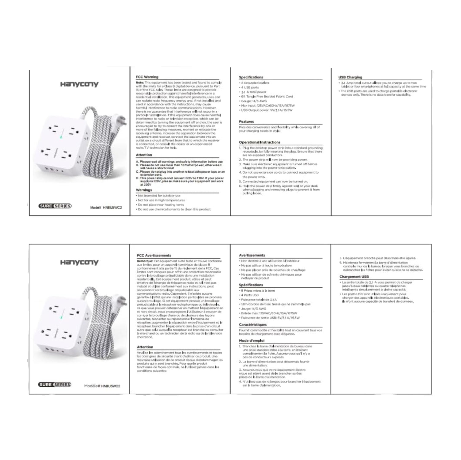 HANYCONY surge protector power strip with 8 outlets and 4 USB charging ports, including 2 USB-C ports, for versatile electronic device charging.