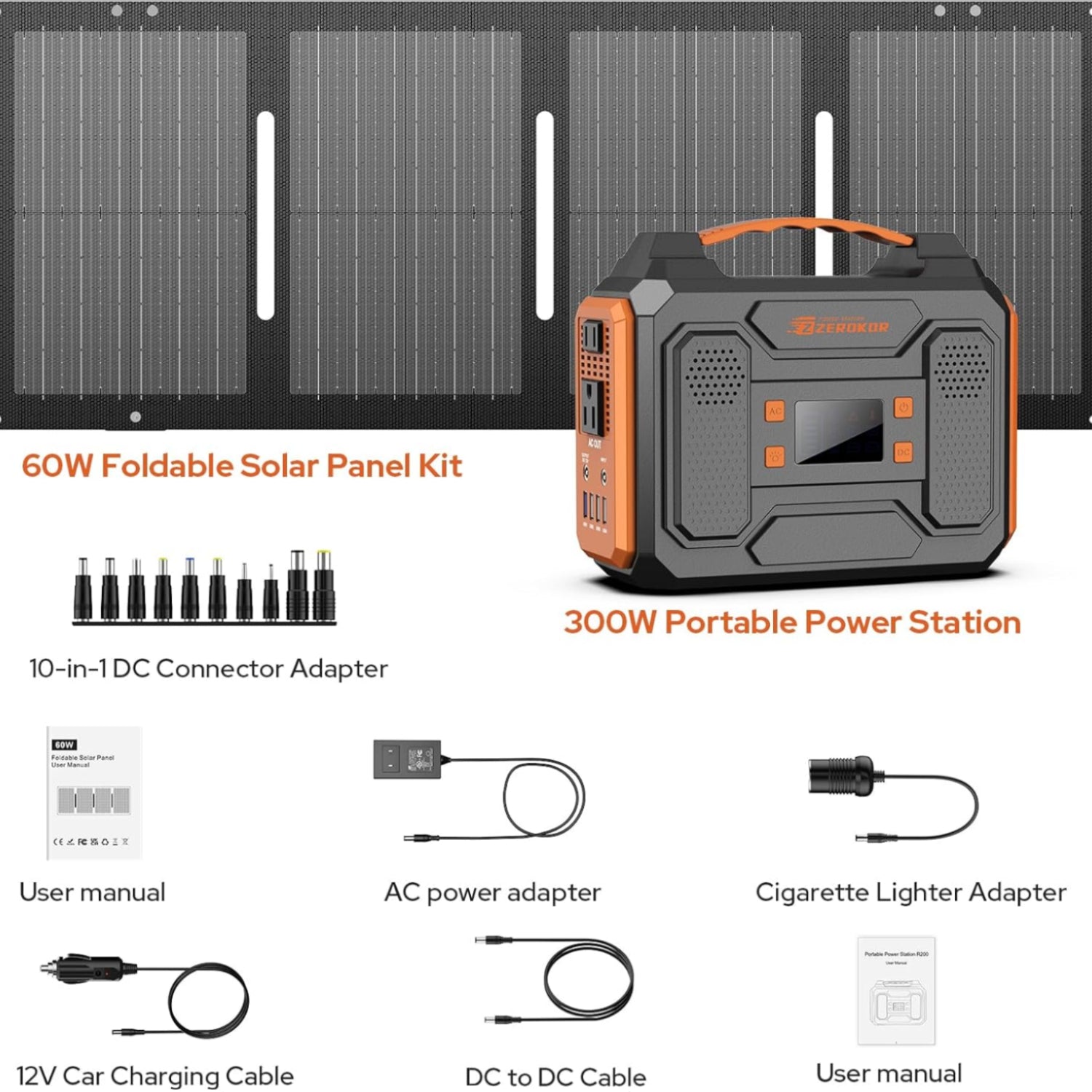 60W foldable solar panel kit with 300W portable power station and accessories on a white background